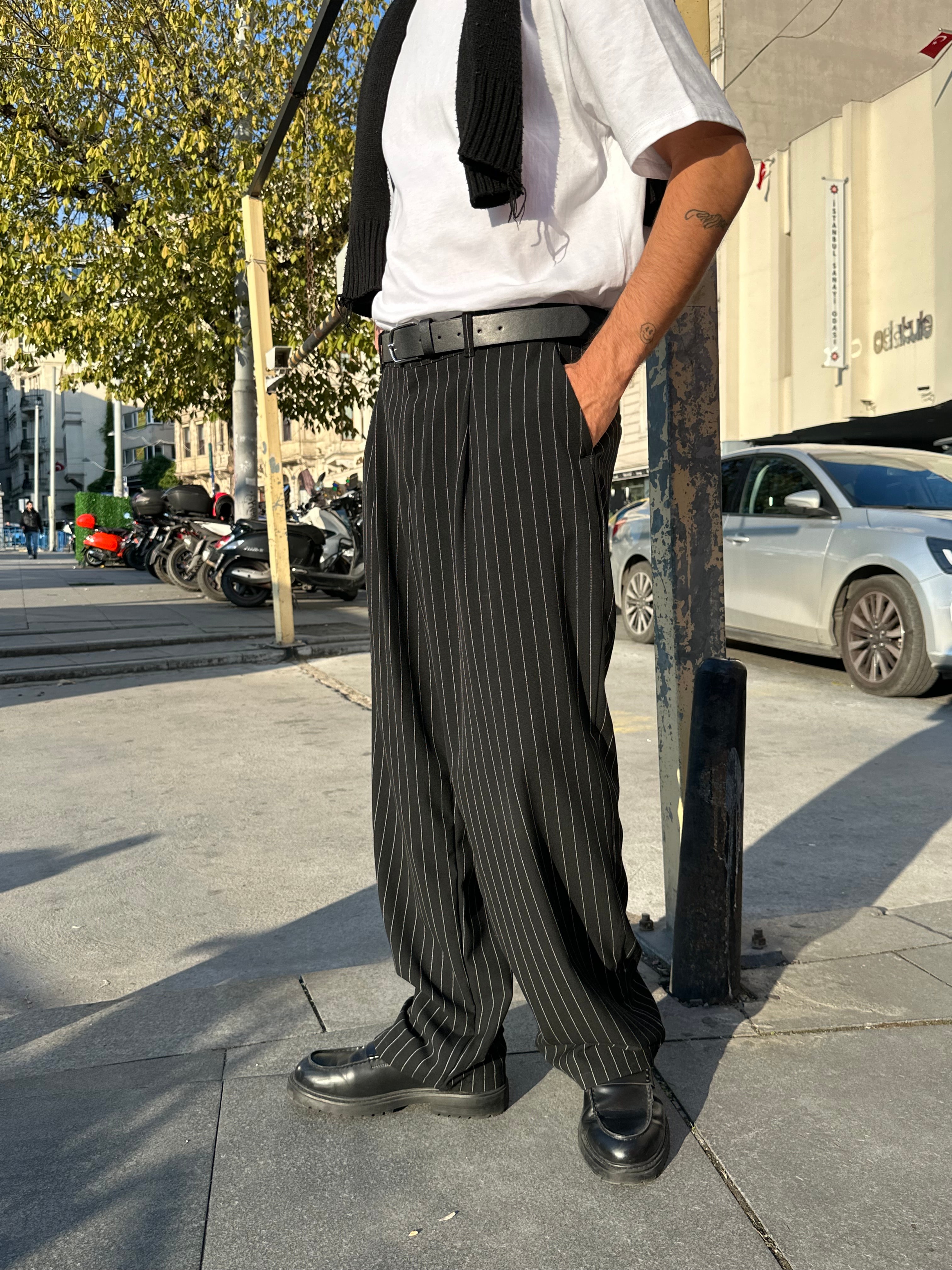 Premium Çizgili Baggy Kumaş Pantolon  - Siyah