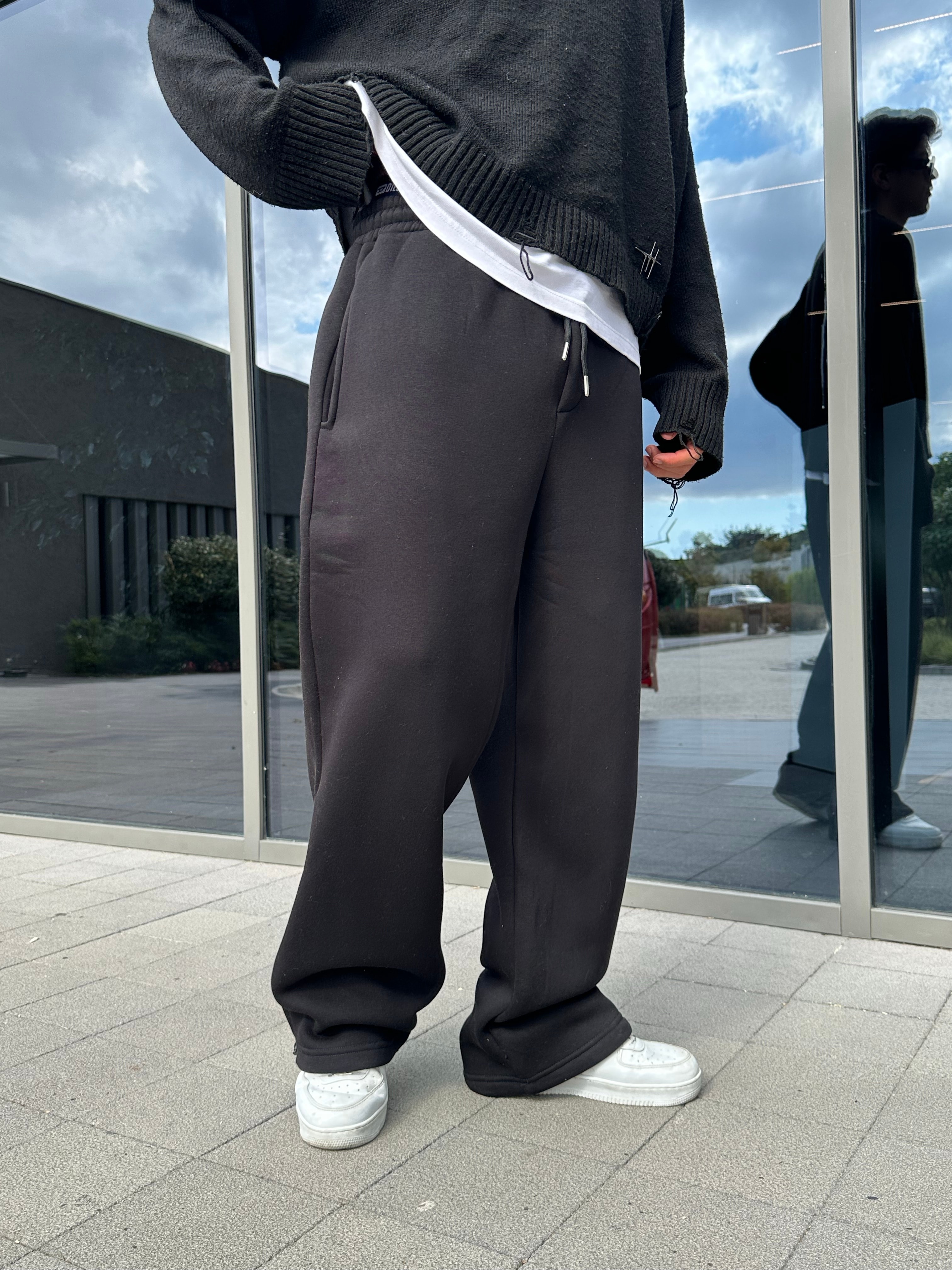 Kışlık Basic Premium Ayarlanabilir Paça Oversize Eşofman Altı - Siyah