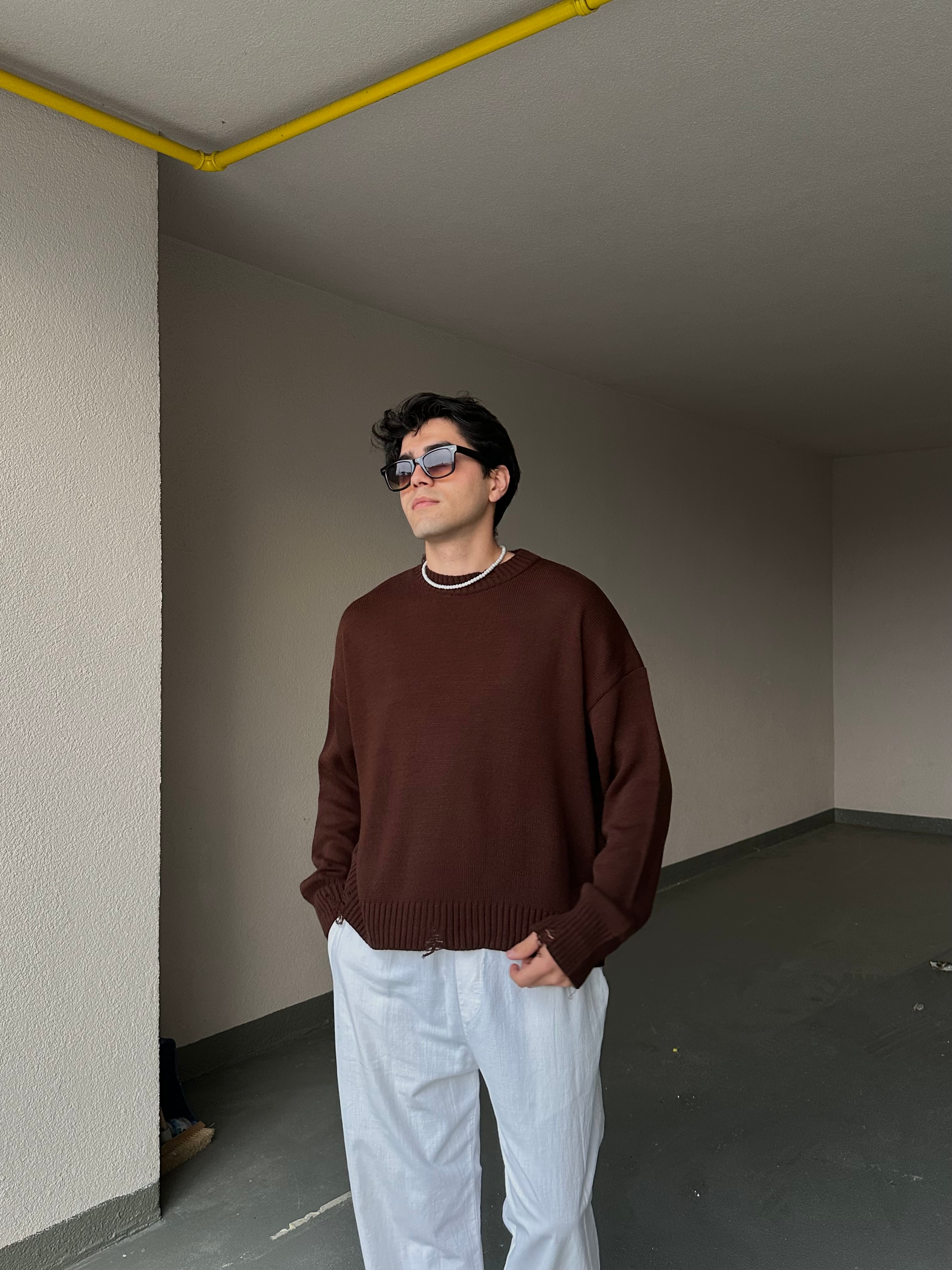 Basic Crop Kesim Oversize Triko Kazak - Kahverengi