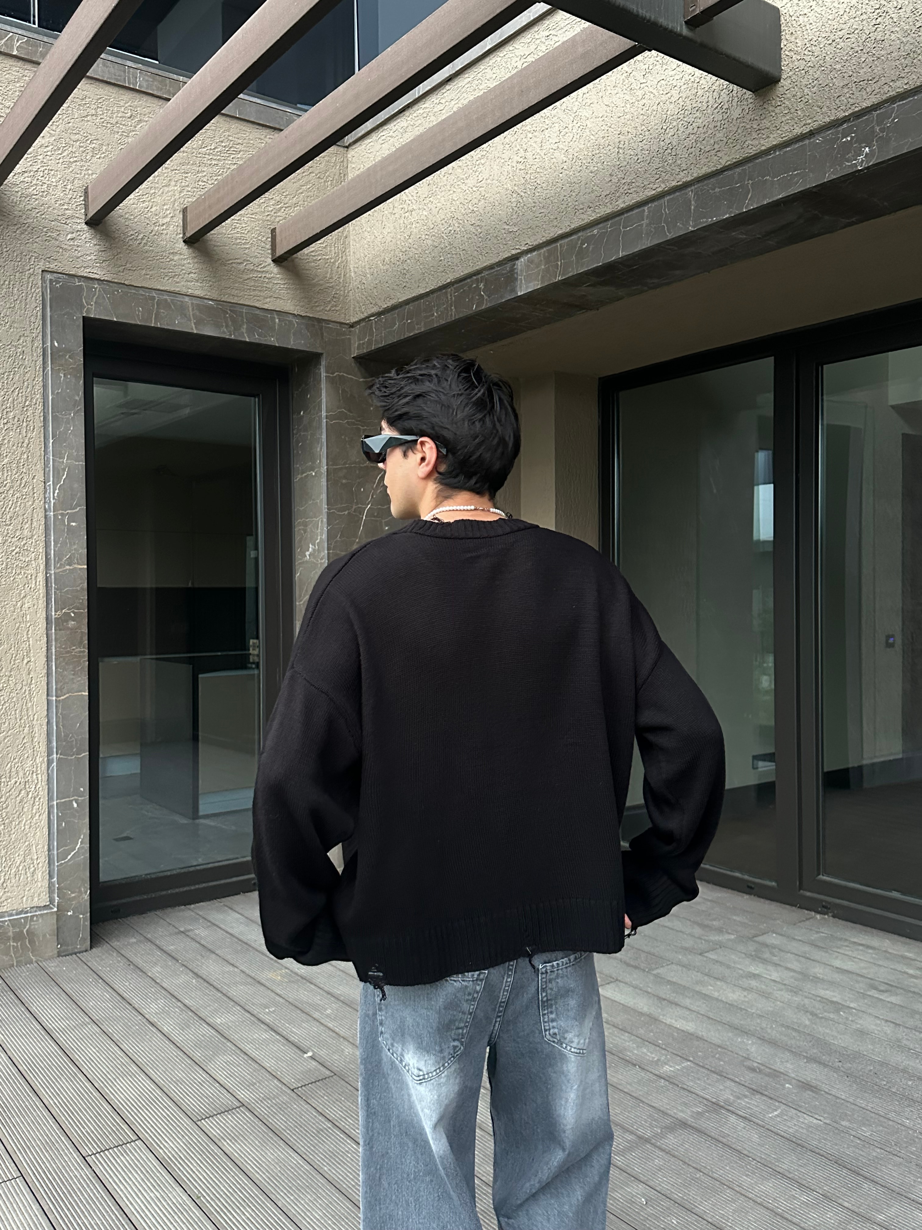 Basic Crop Kesim Oversize Triko Kazak - Siyah