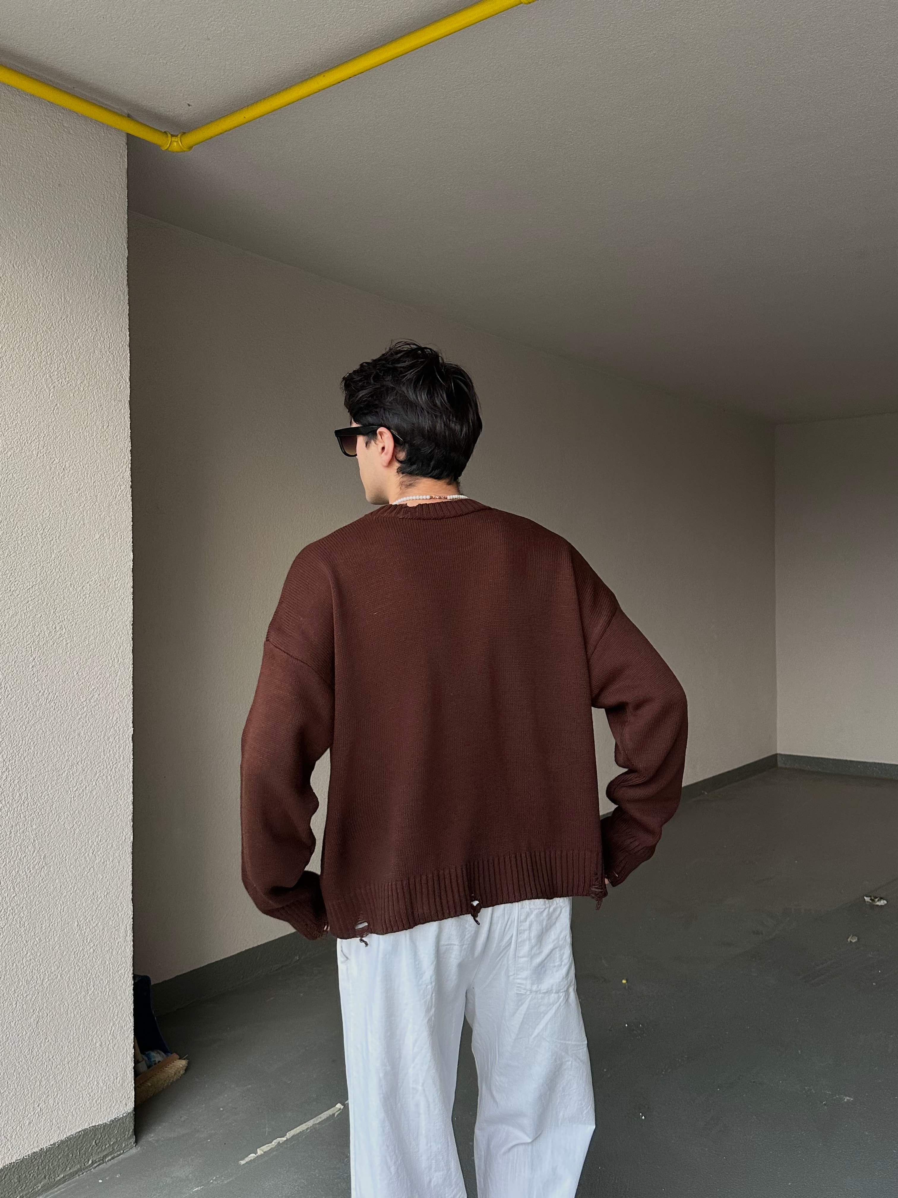 Basic Crop Kesim Oversize Triko Kazak - Kahverengi