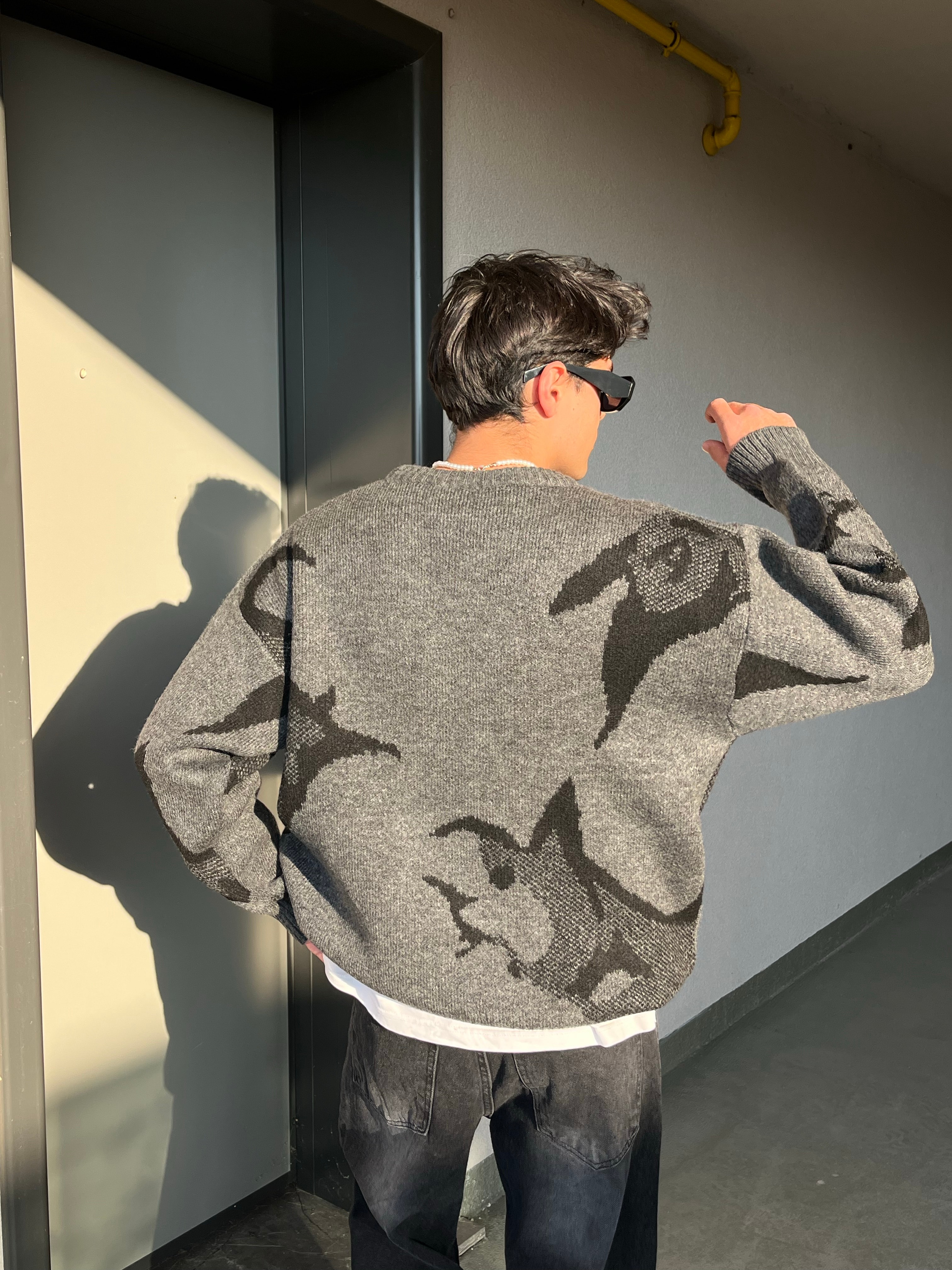 Animal Desen Premium Oversize Antrasit Triko Kazak