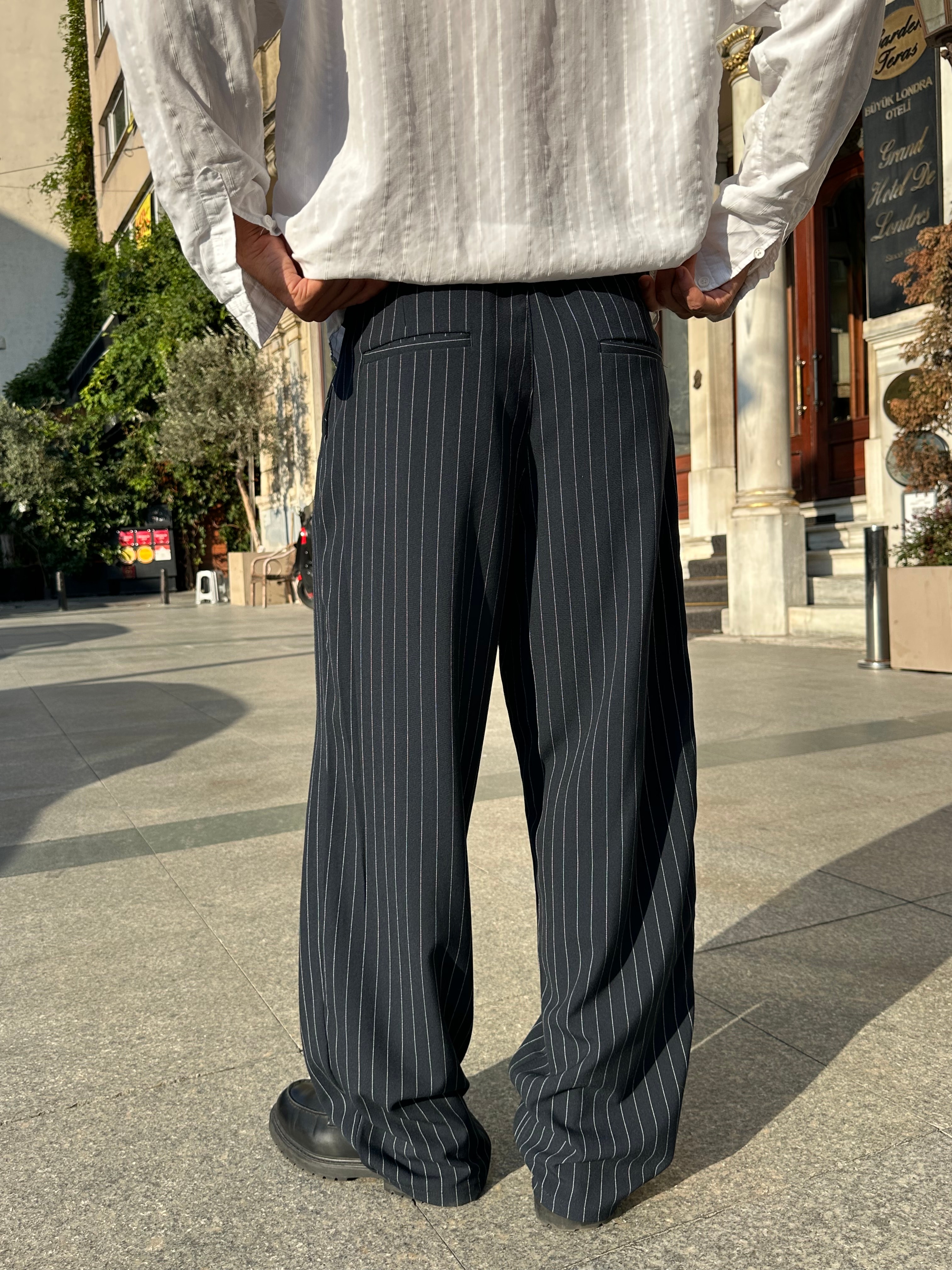 Premium Çizgili Baggy Kumaş Pantolon  - Lacivert