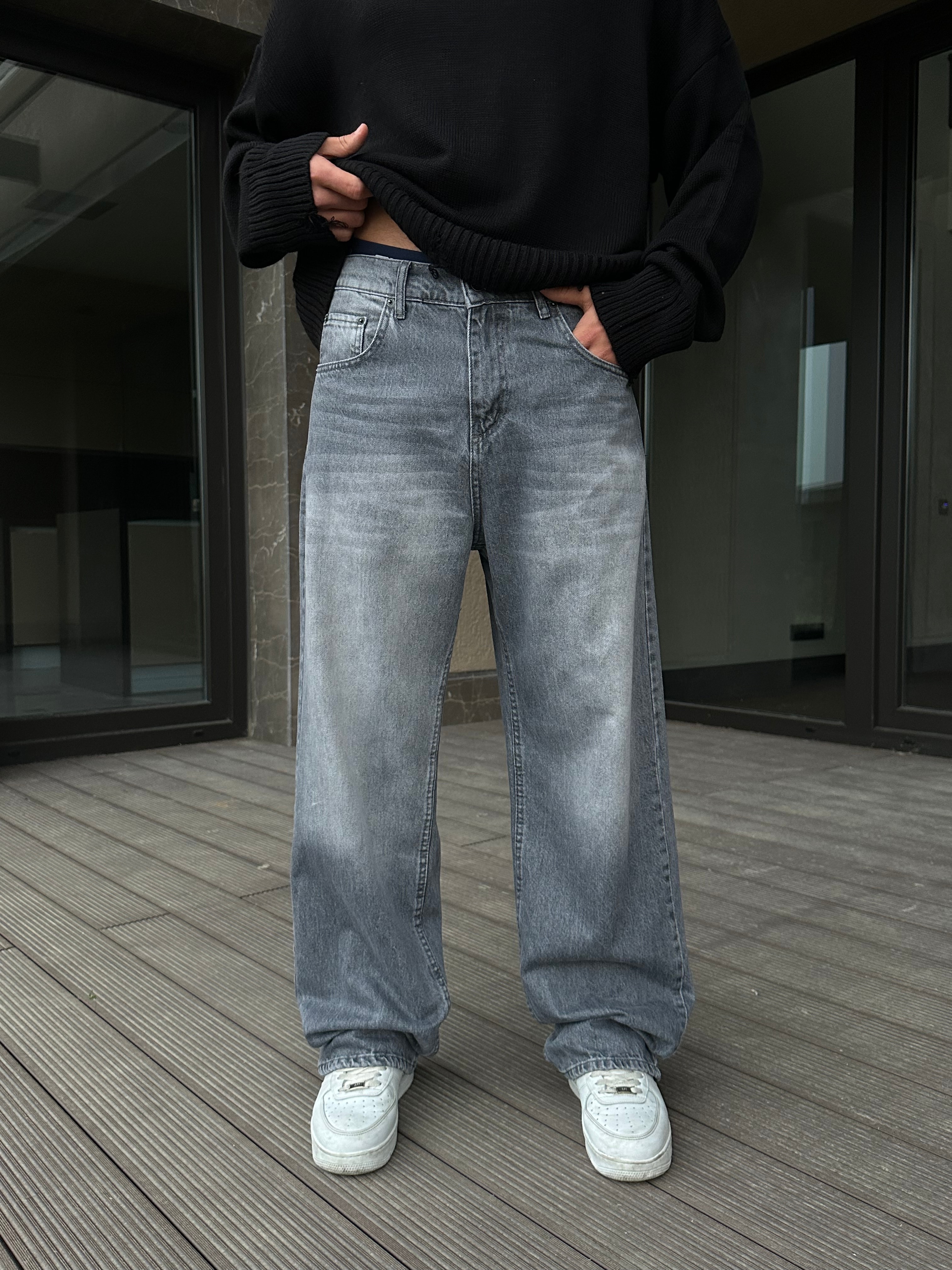 Gri Washed Baggy Pantolon 