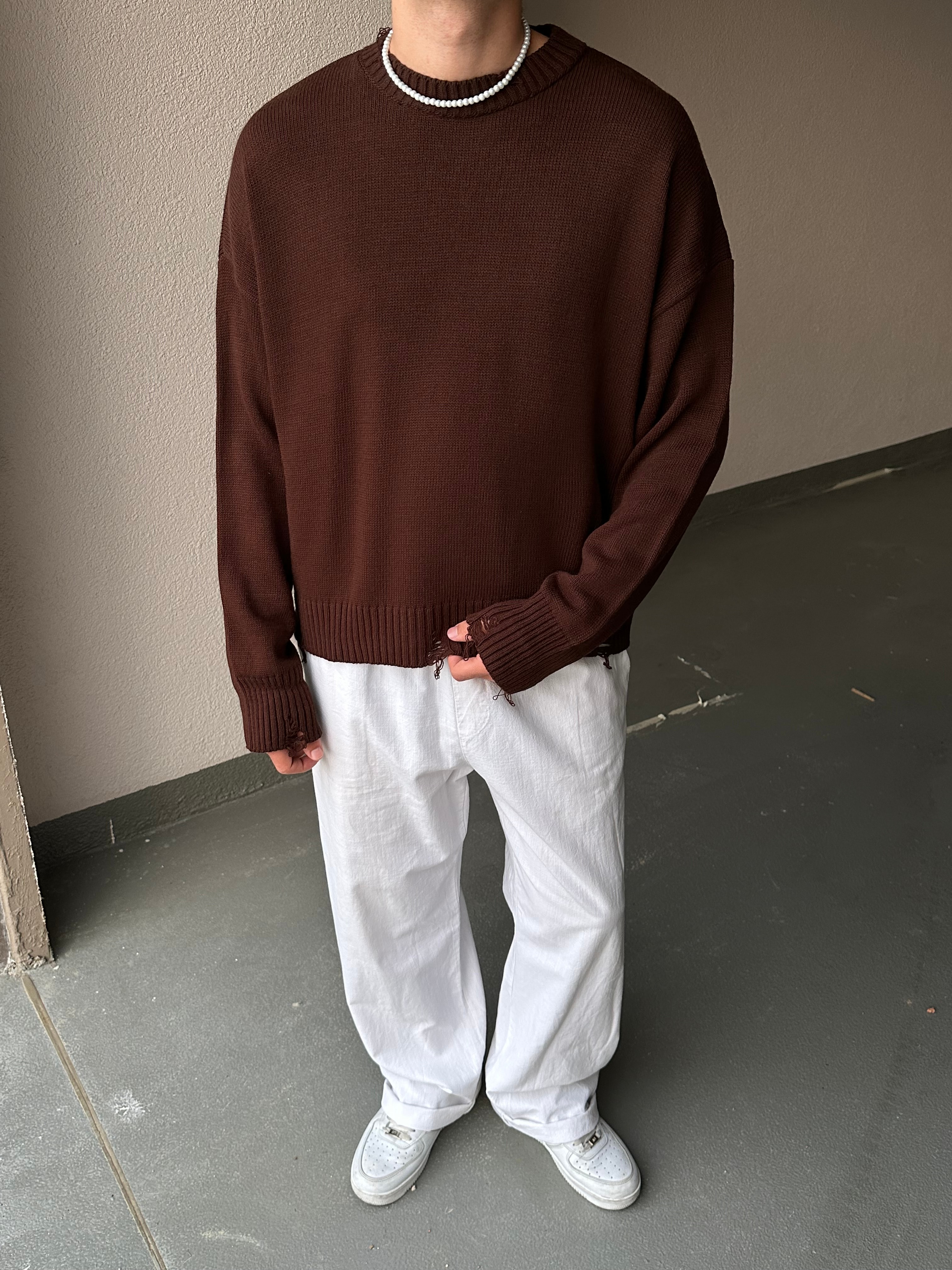 Basic Crop Kesim Oversize Triko Kazak - Kahverengi