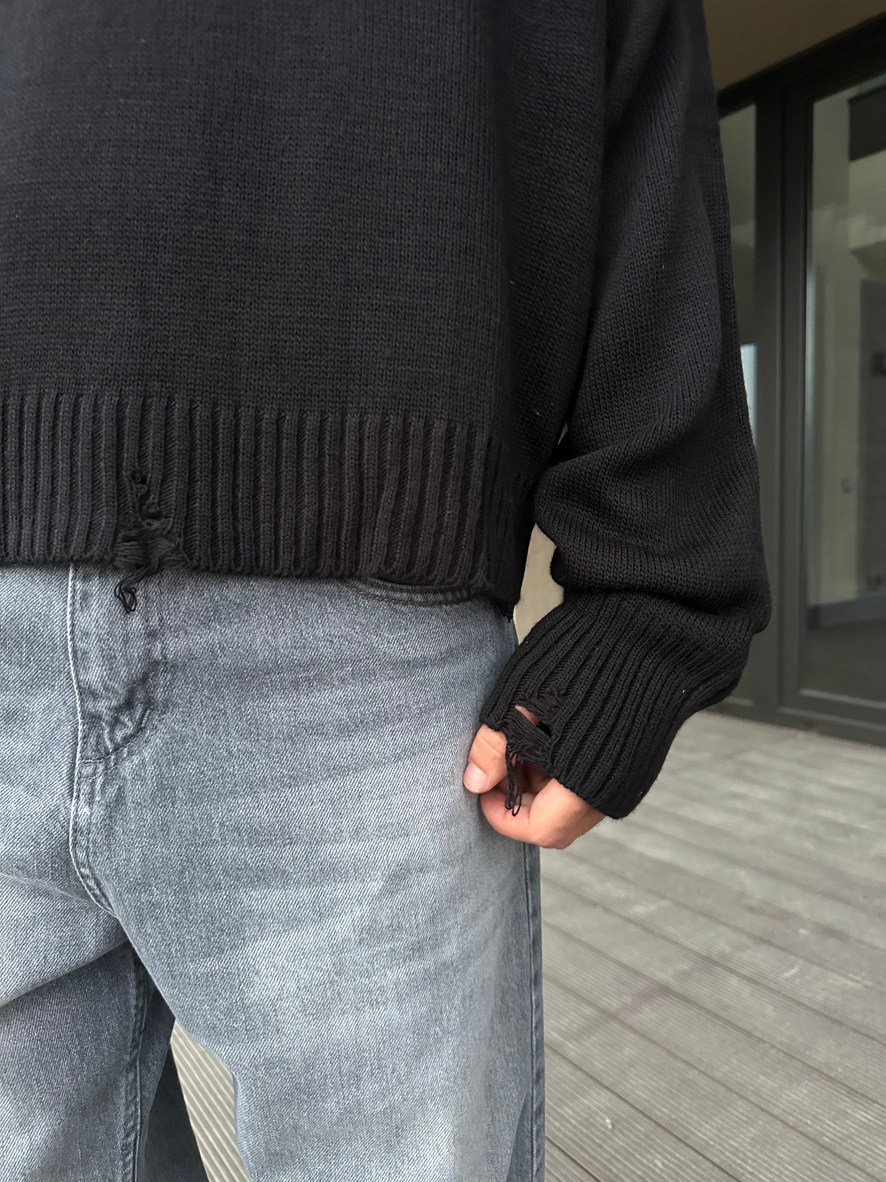 Basic Crop Kesim Oversize Triko Kazak - Siyah