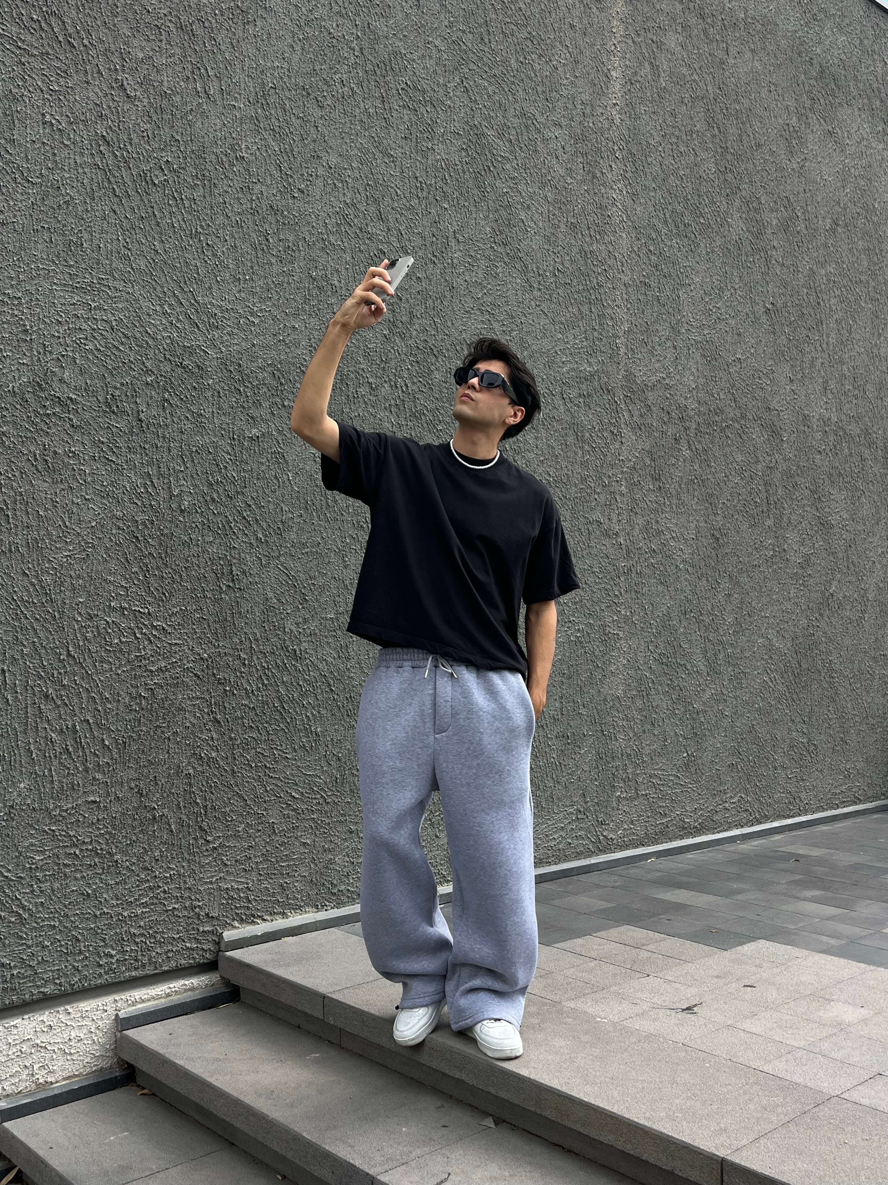 Kışlık Basic Premium Ayarlanabilir Paça Oversize Eşofman Altı - Gri