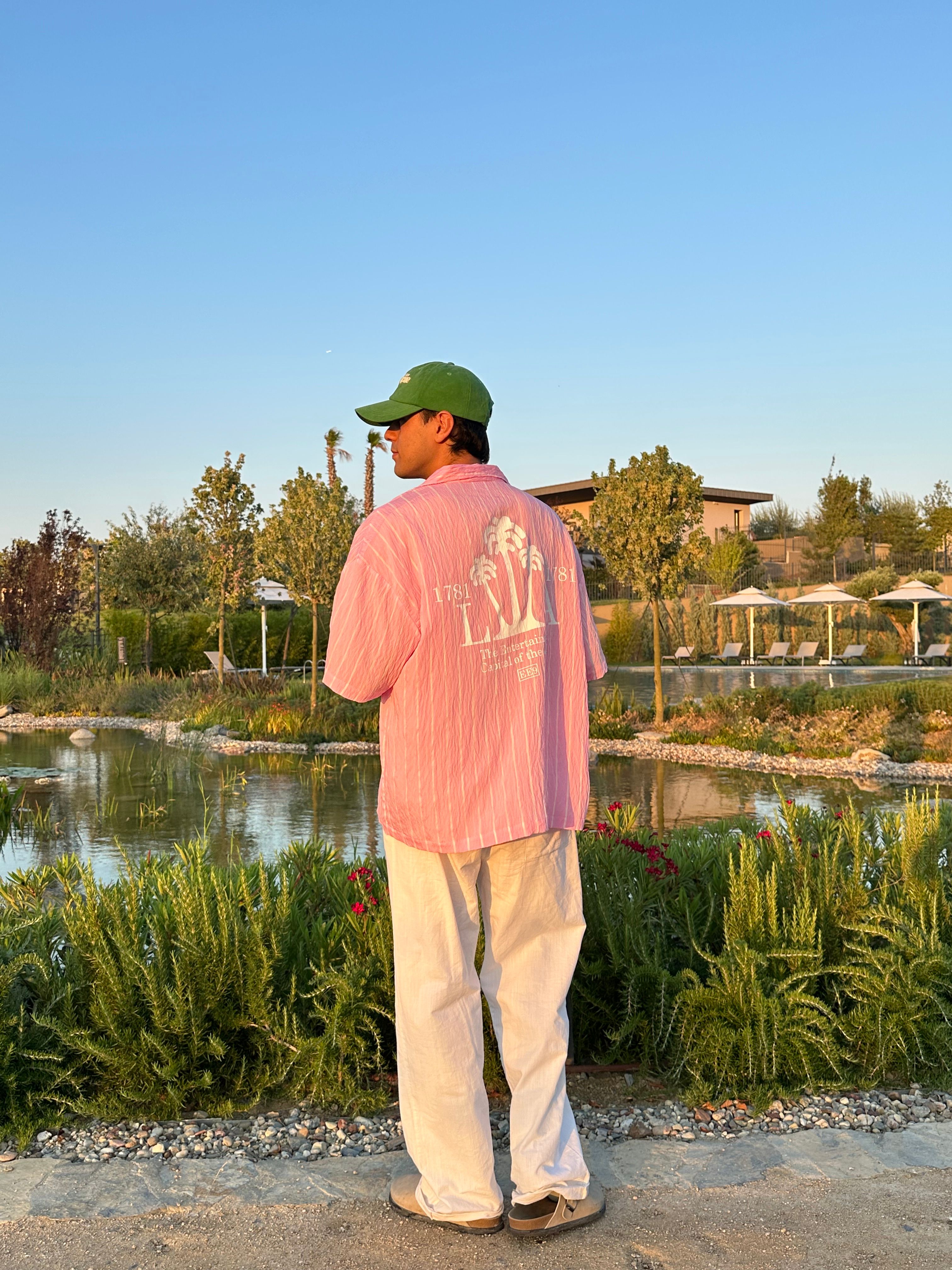 LA Baskılı Oversize Çizgili Gömlek - Pembe