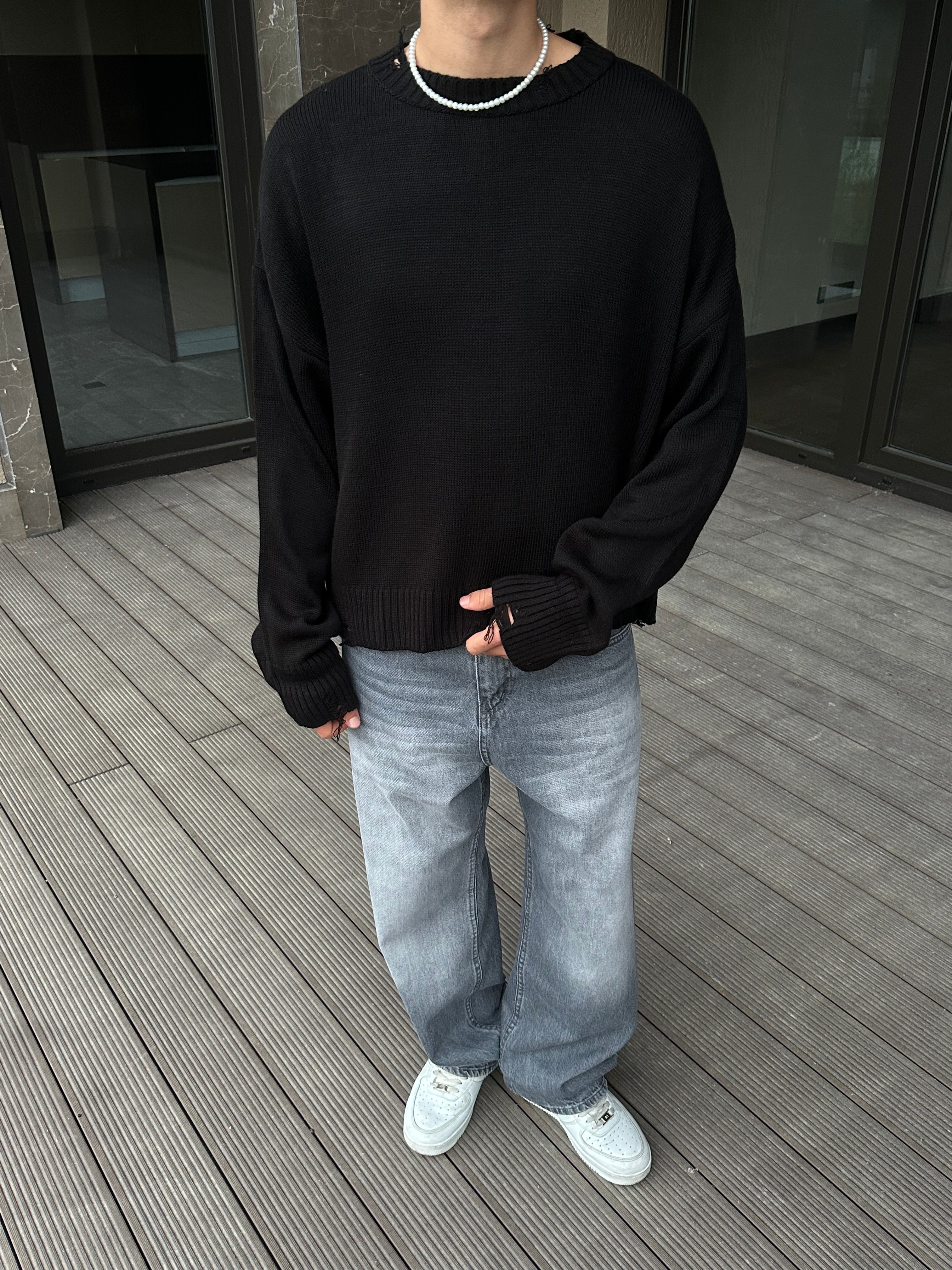 Basic Crop Kesim Oversize Triko Kazak - Siyah