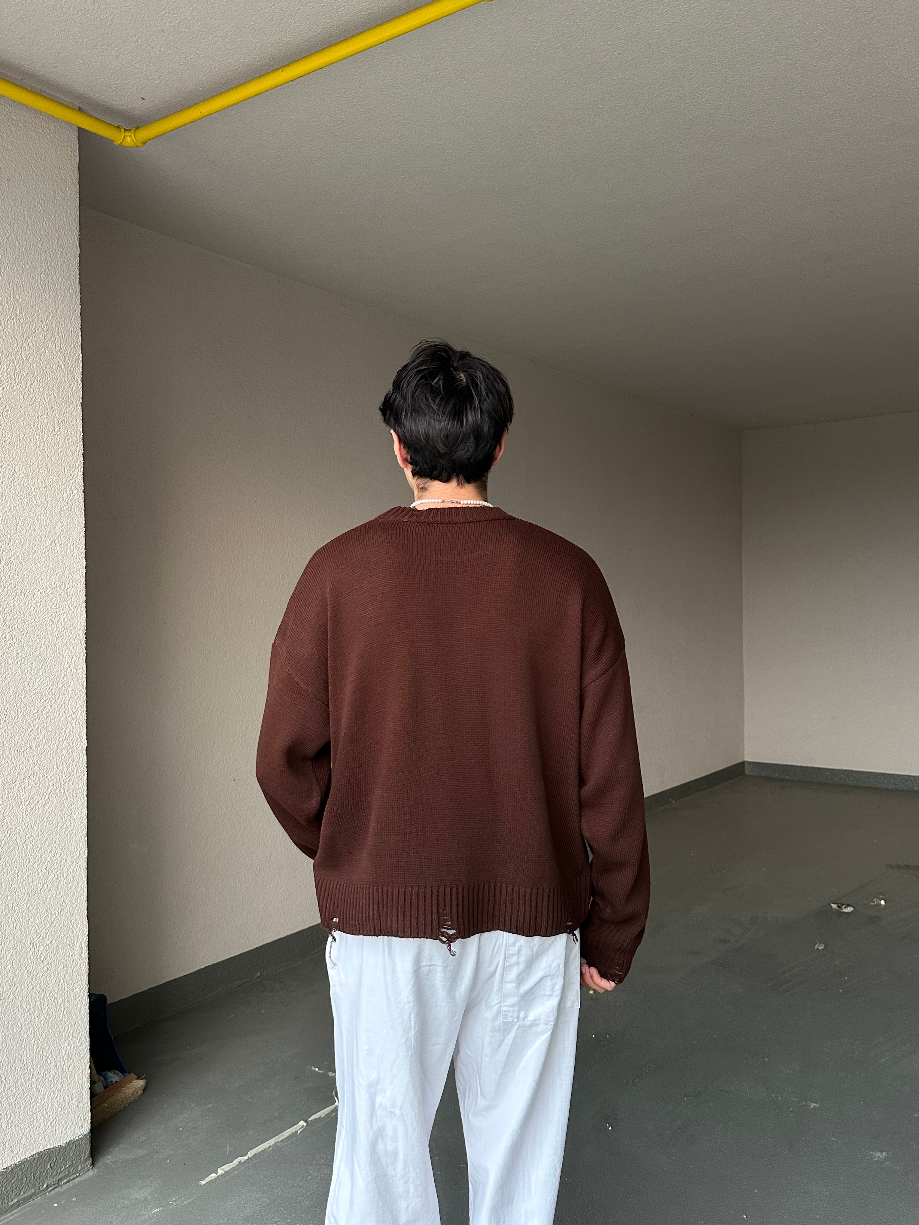 Basic Crop Kesim Oversize Triko Kazak - Kahverengi