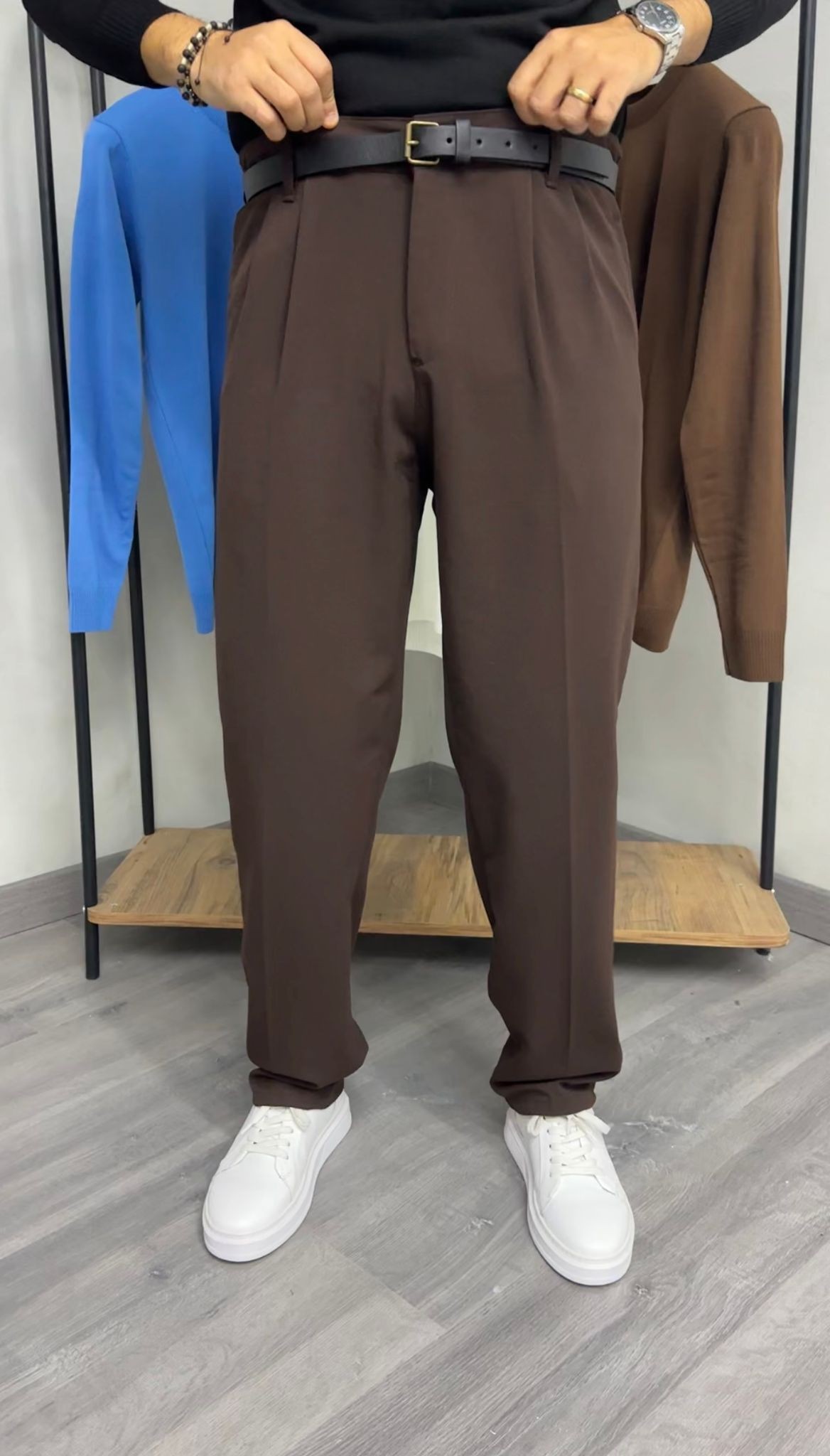 Pile detaylı Baggy Kumaş Pantolon - Kahve