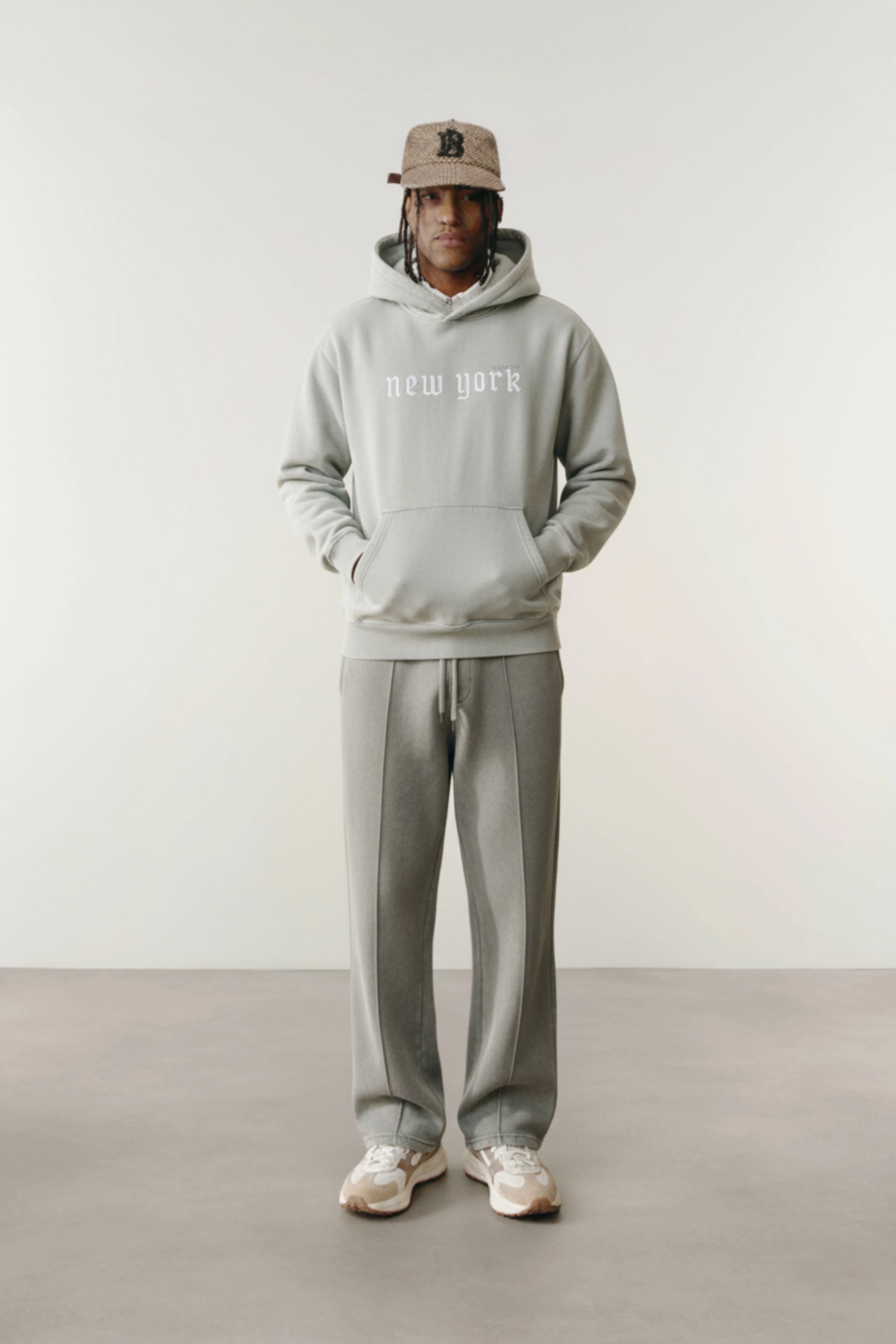 Harlem Yıkamalı Şardonlu New York Gri Hoodie