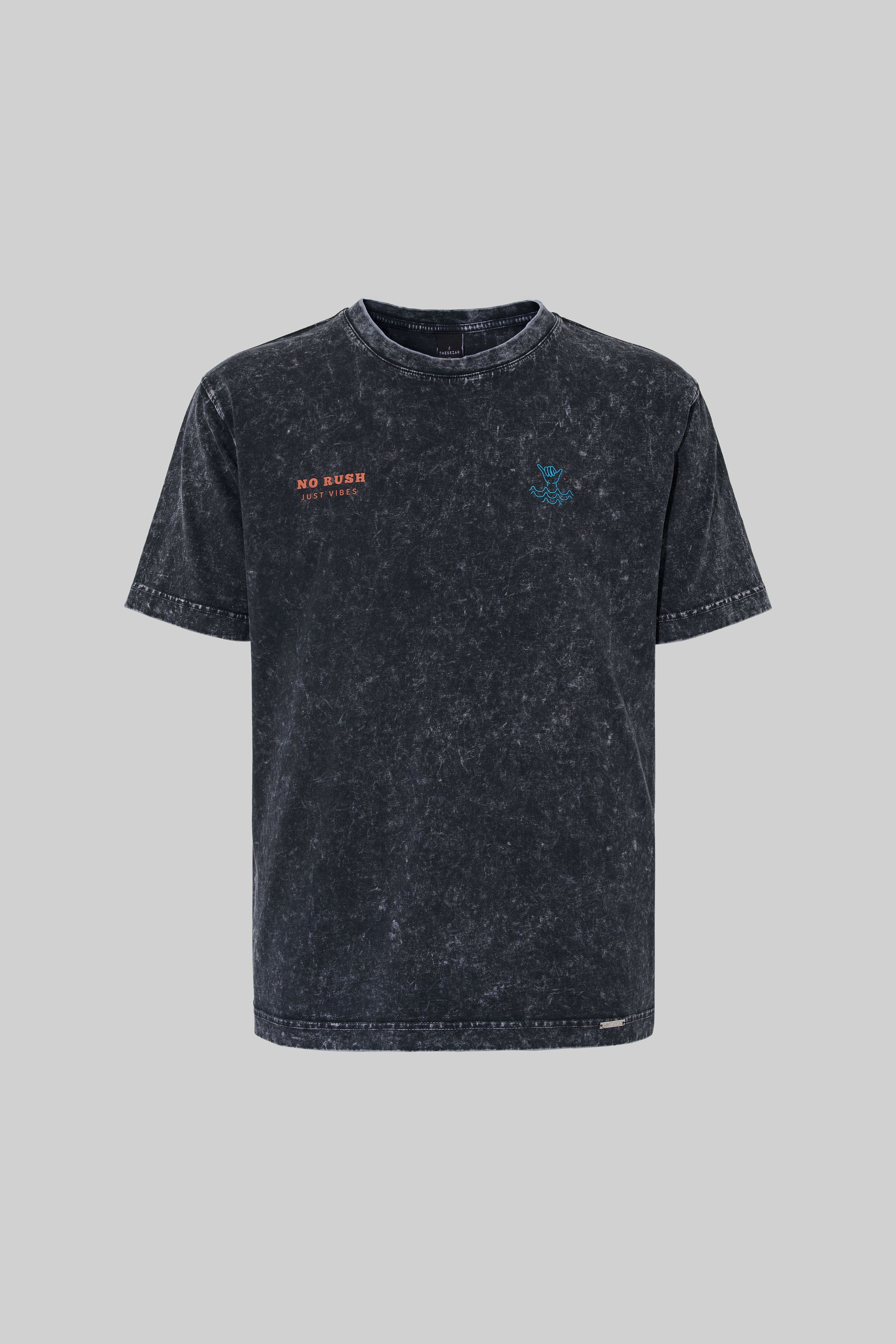 No Rush Just Vibes Dark Black Yıkamalı Oversize Tshirt