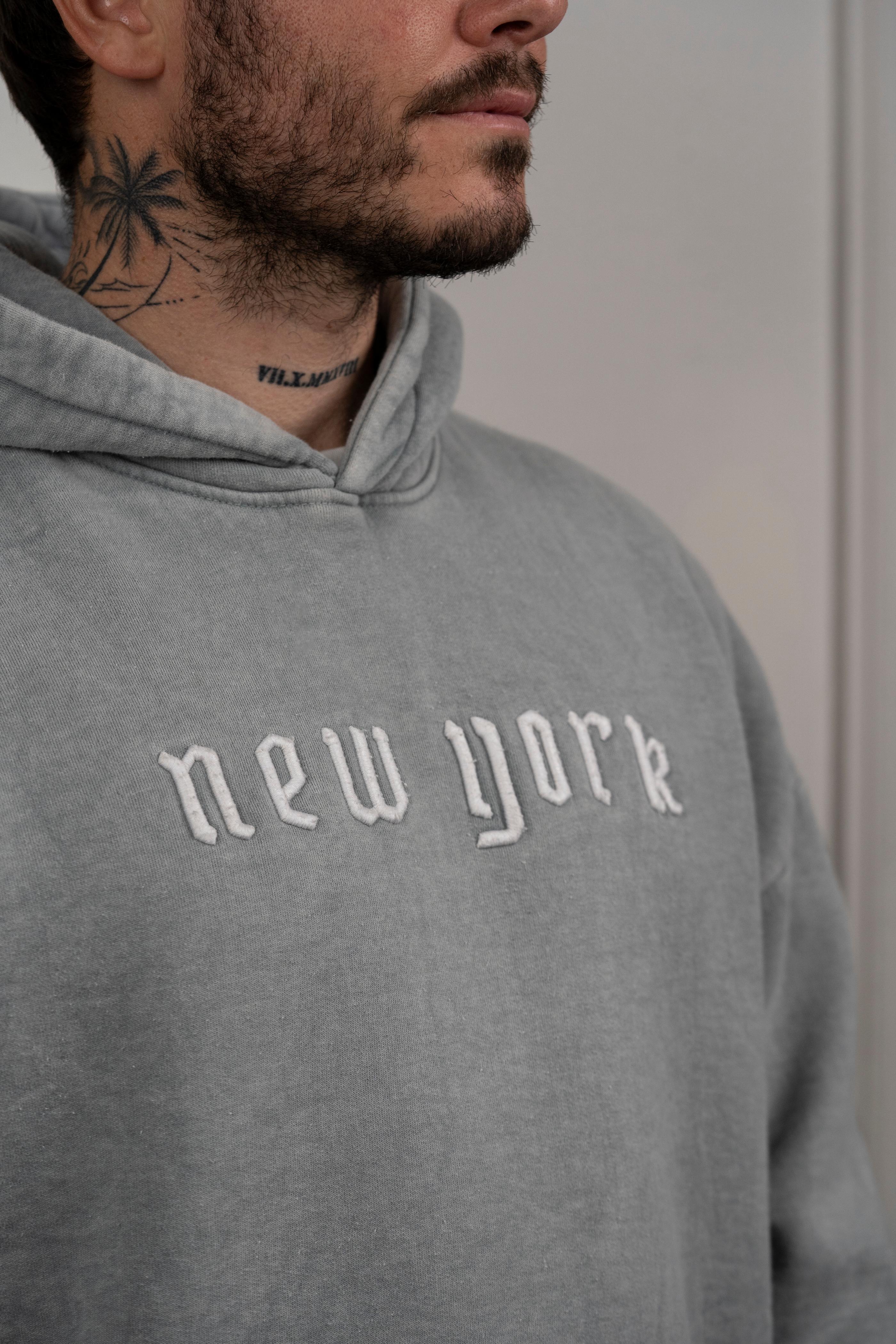 Harlem Yıkamalı Şardonlu New York Gri Hoodie