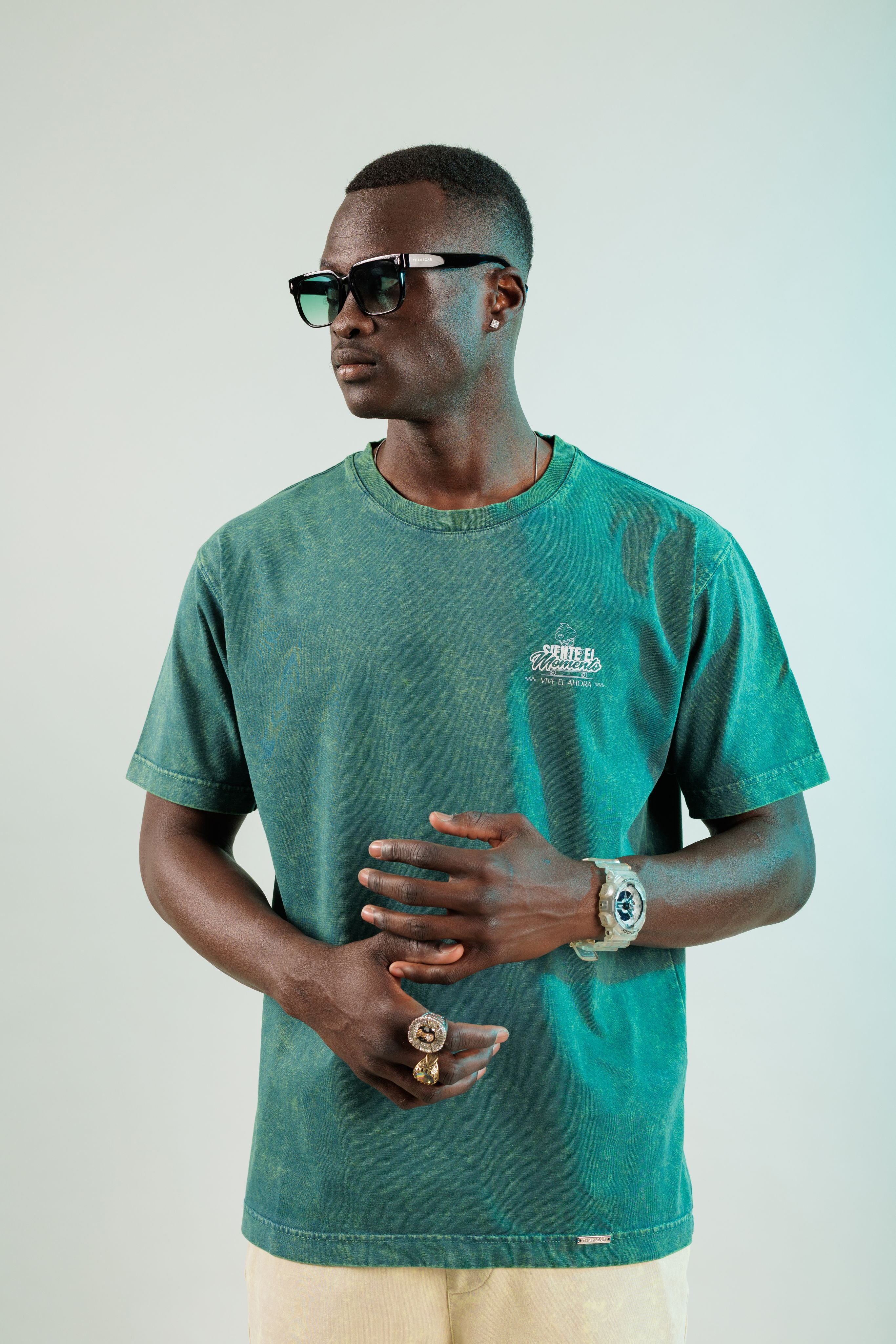 Siente El Momento Oil Green Yıkamalı Oversize Tshirt