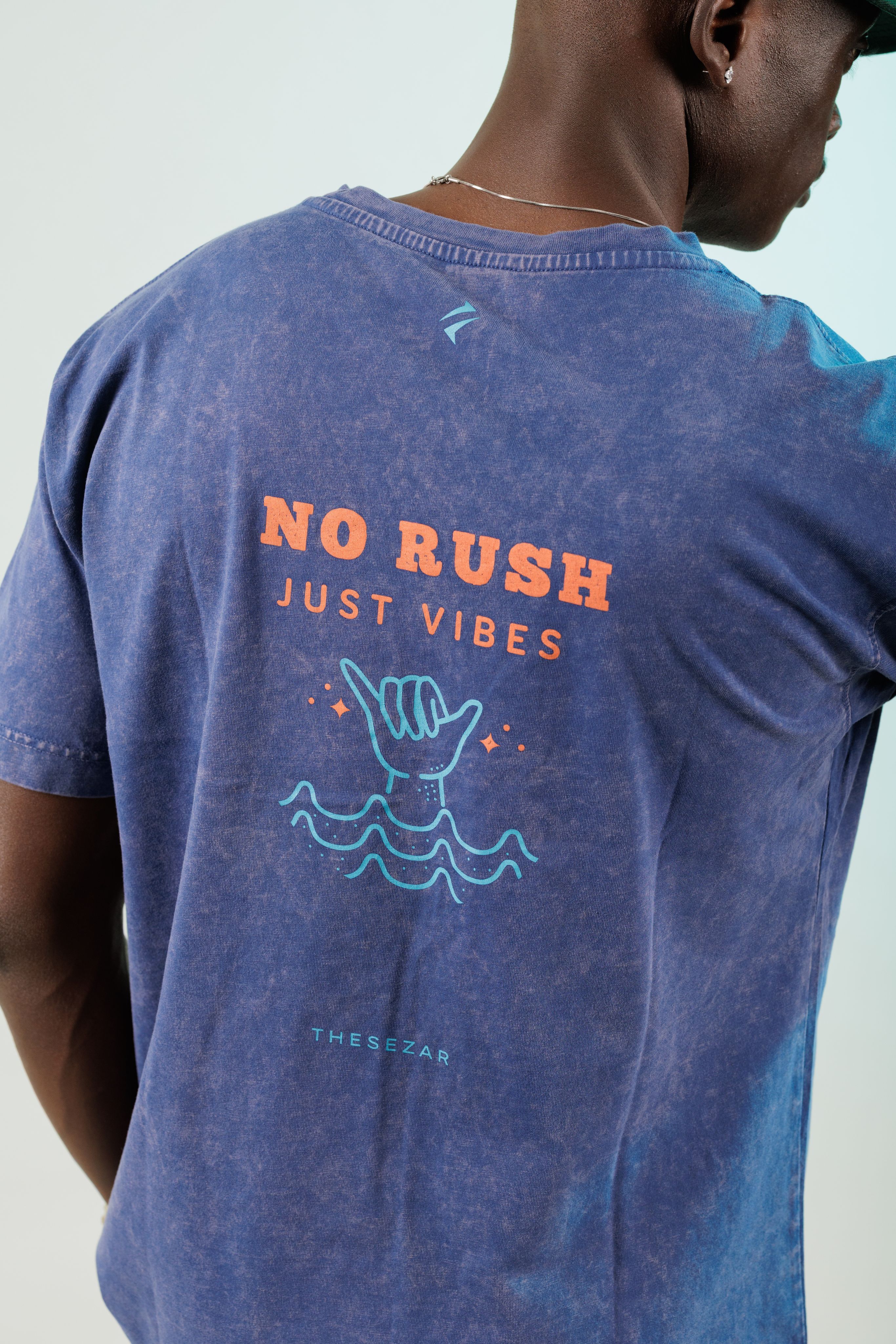 No Rush Just Vibes Midnight Blue Yıkamalı Oversize Tshirt