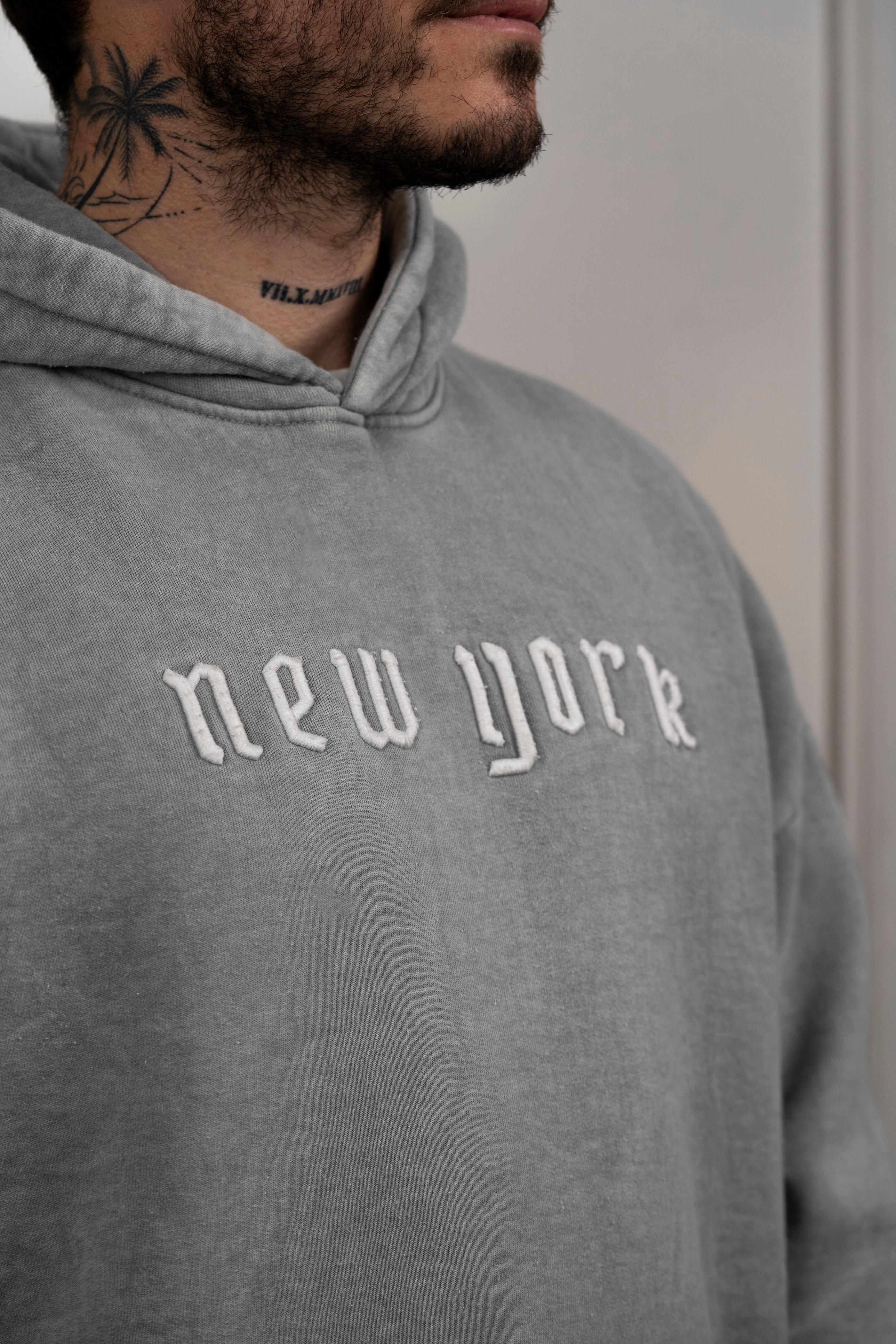 Harlem Yıkamalı Şardonlu New York Gri Hoodie