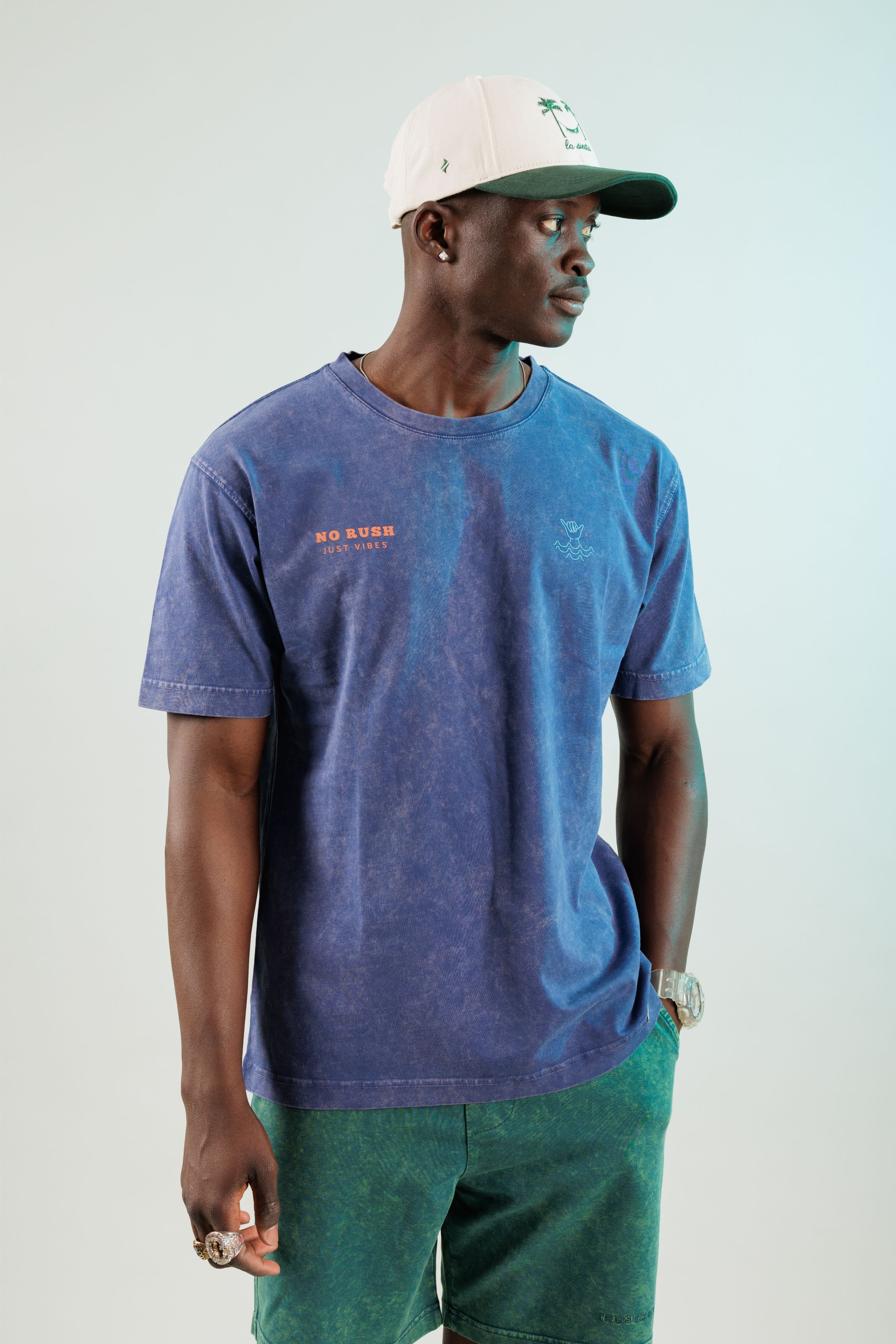 No Rush Just Vibes Midnight Blue Yıkamalı Oversize Tshirt