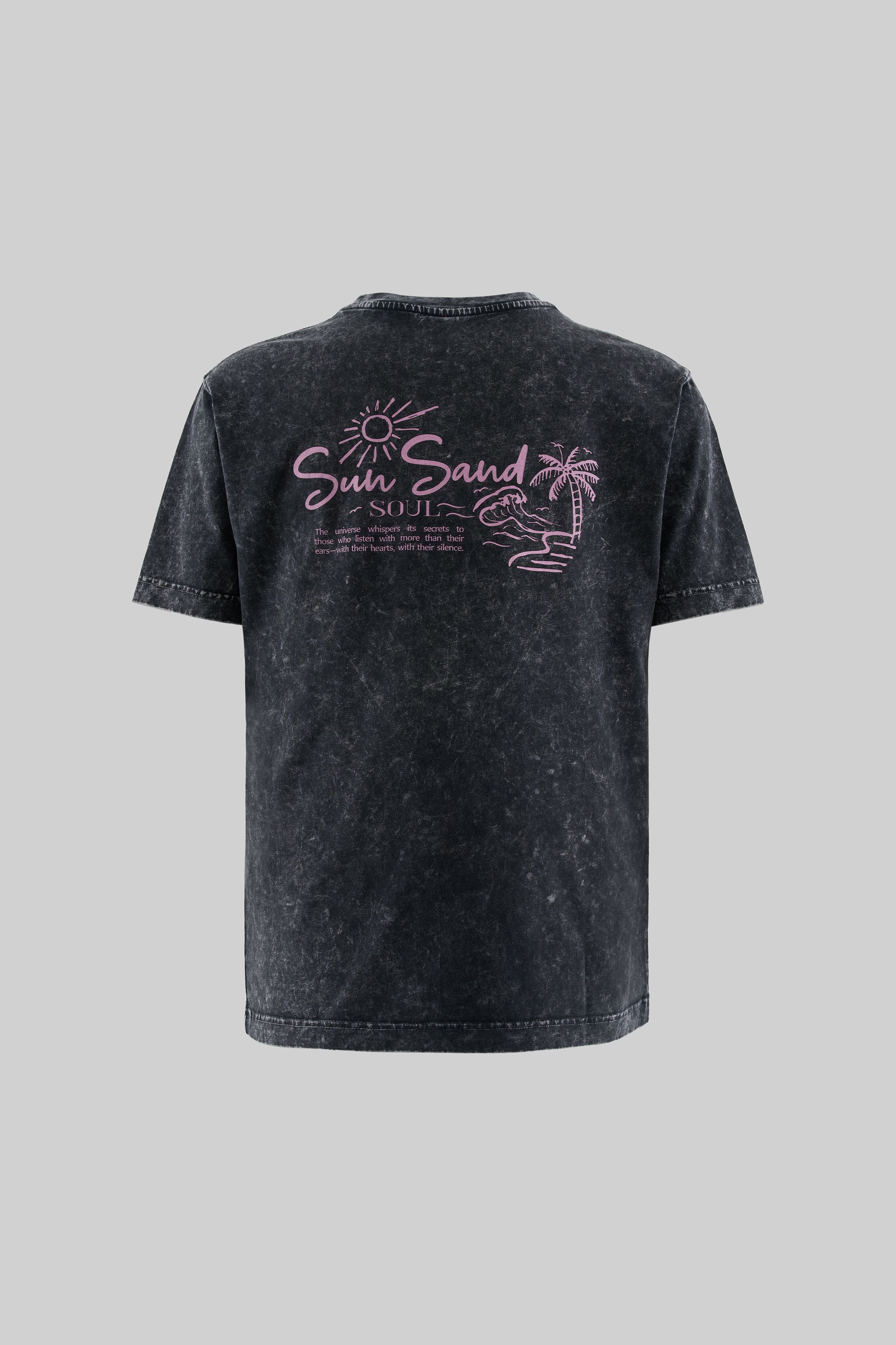 Sun Sand Soul Dark Black Yıkamalı Oversize Tshirt
