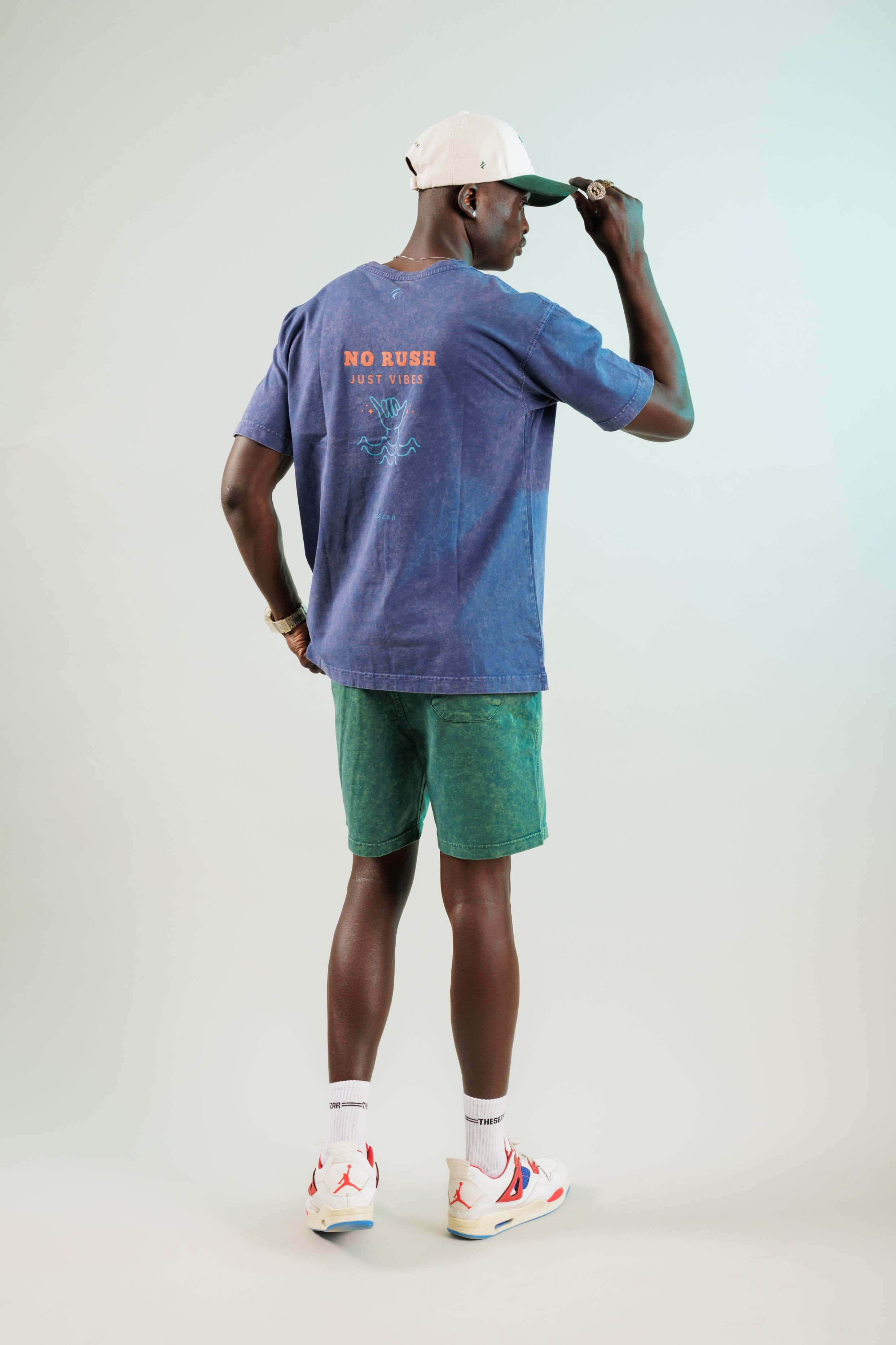 No Rush Just Vibes Midnight Blue Yıkamalı Oversize Tshirt