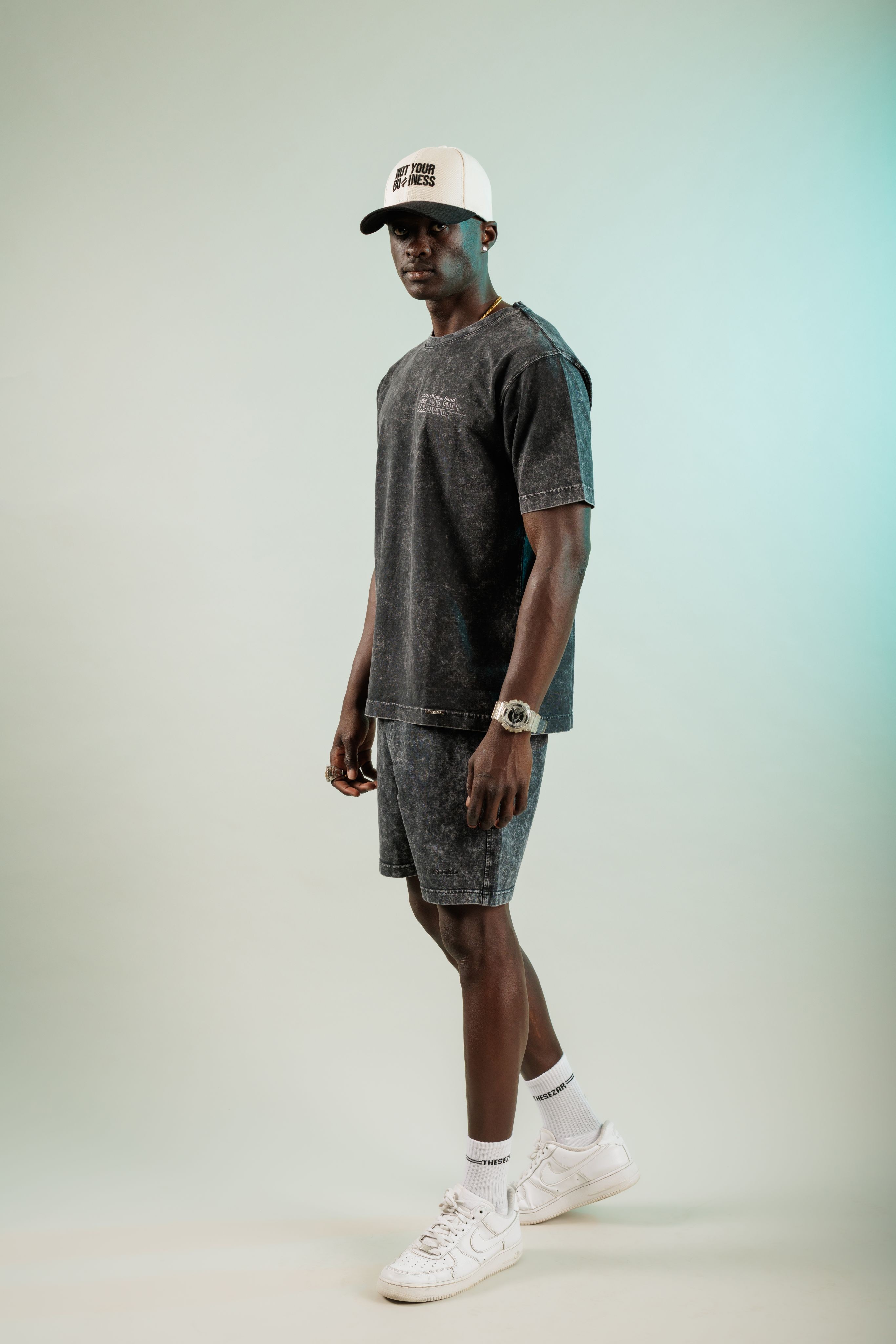 Waves and Sand Dark Black Yıkamalı Oversize Tshirt