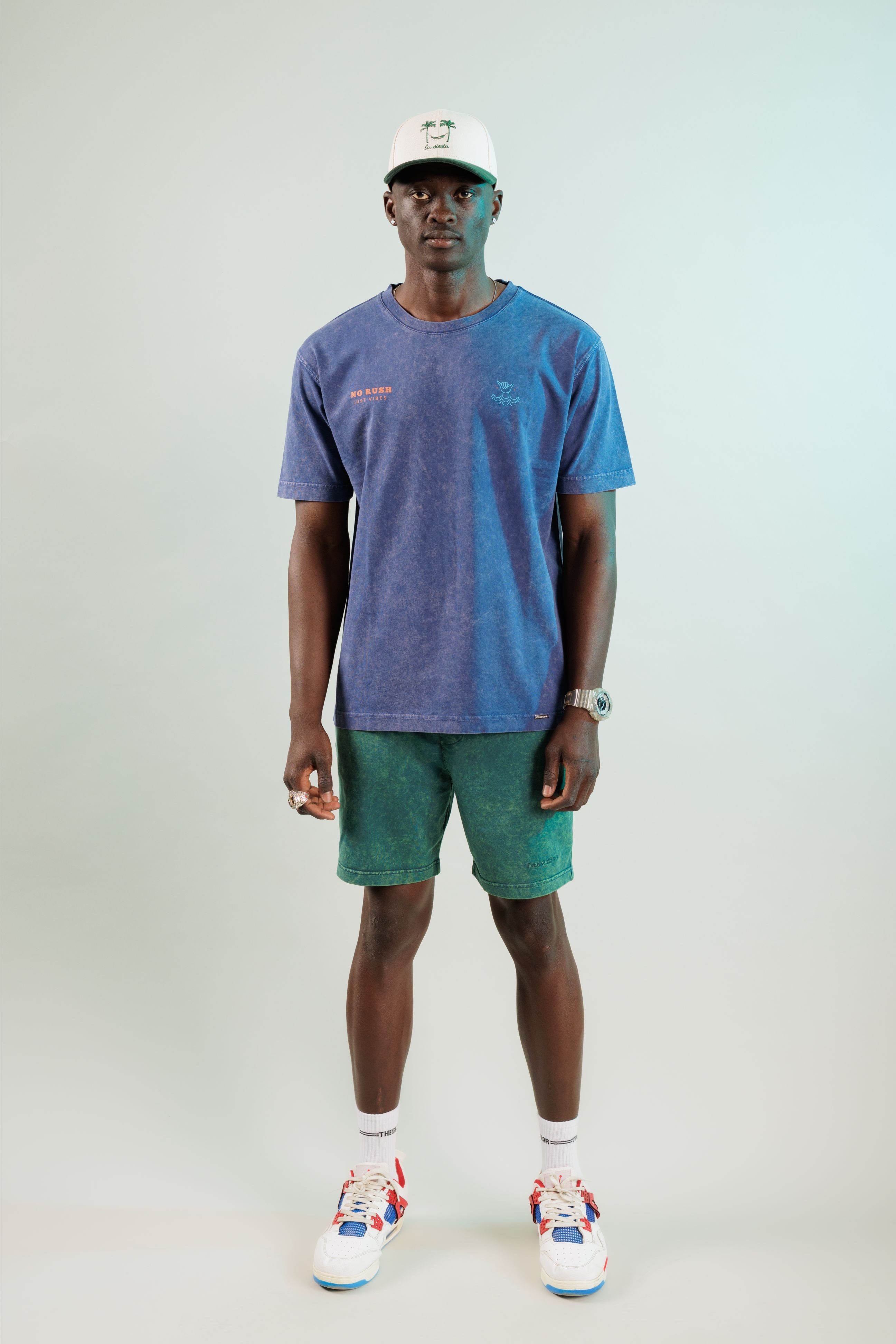 No Rush Just Vibes Midnight Blue Yıkamalı Oversize Tshirt