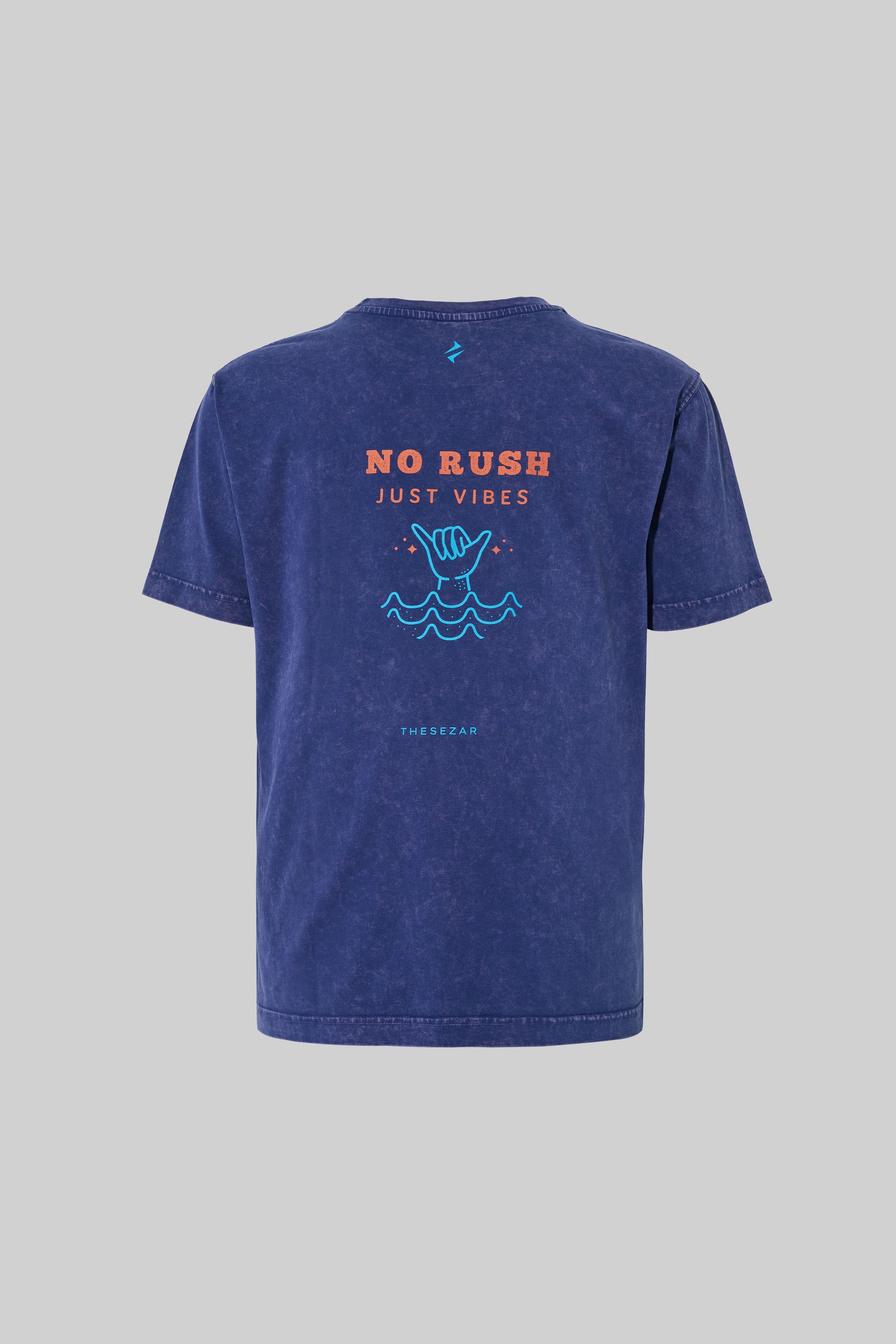 No Rush Just Vibes Midnight Blue Yıkamalı Oversize Tshirt