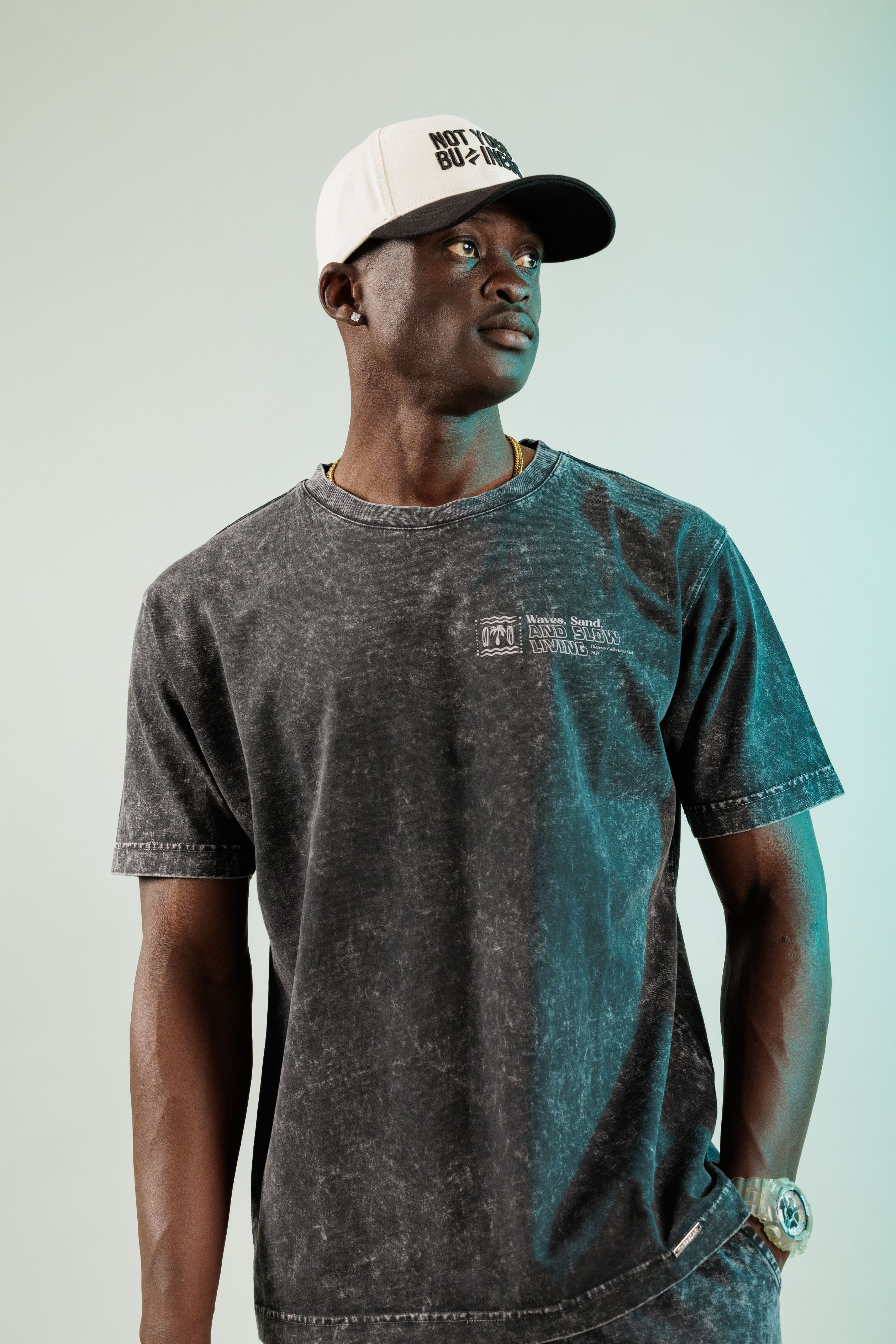 Waves and Sand Dark Black Yıkamalı Oversize Tshirt
