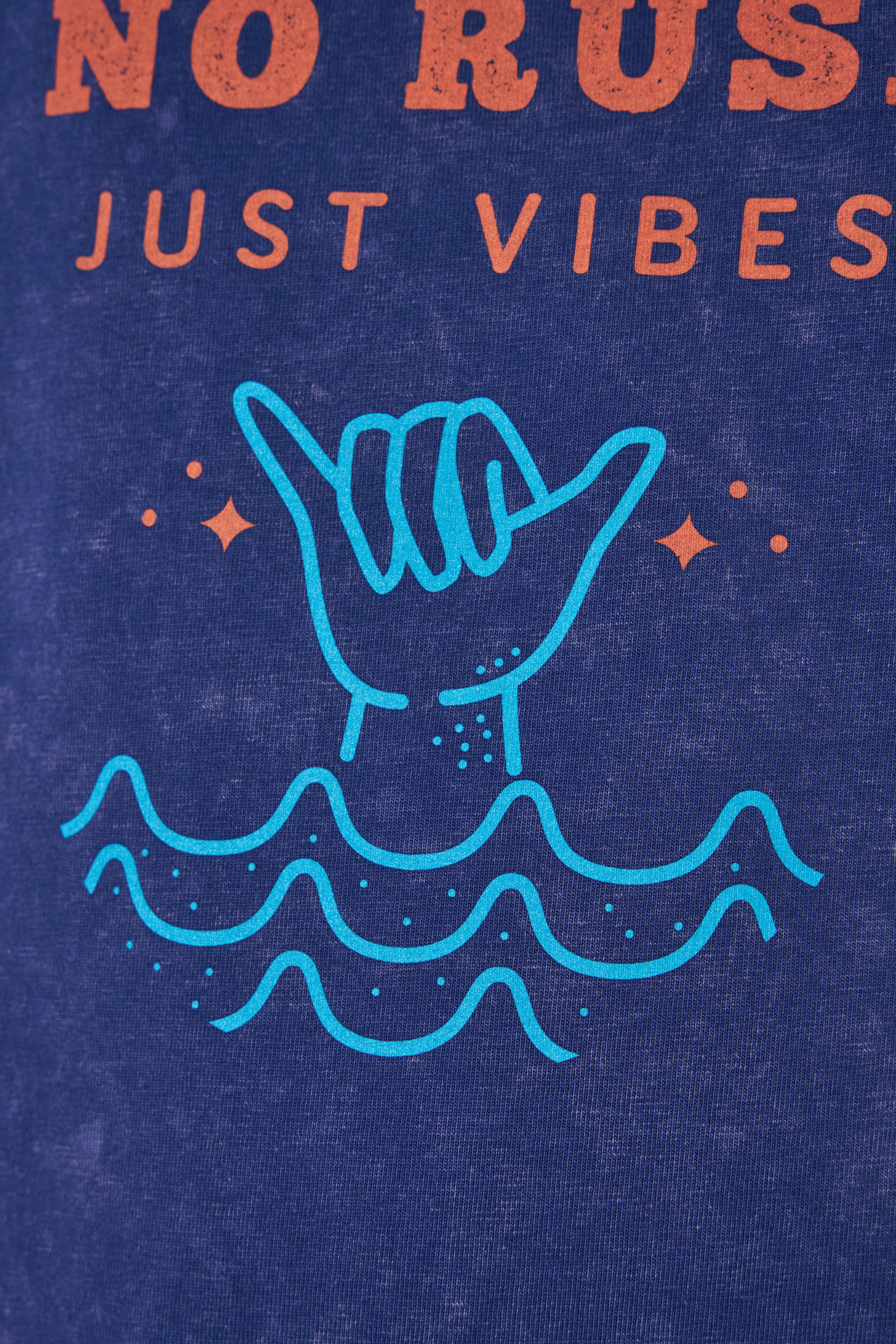 No Rush Just Vibes Midnight Blue Yıkamalı Oversize Tshirt