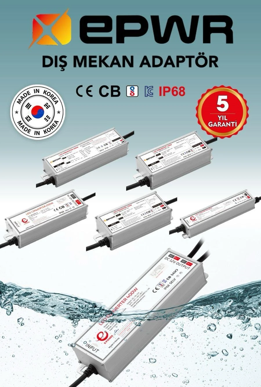 Güç Kaynağı Dış Mekan E-Power 12Volt IP68 60W 5Amp.Metal Kasa