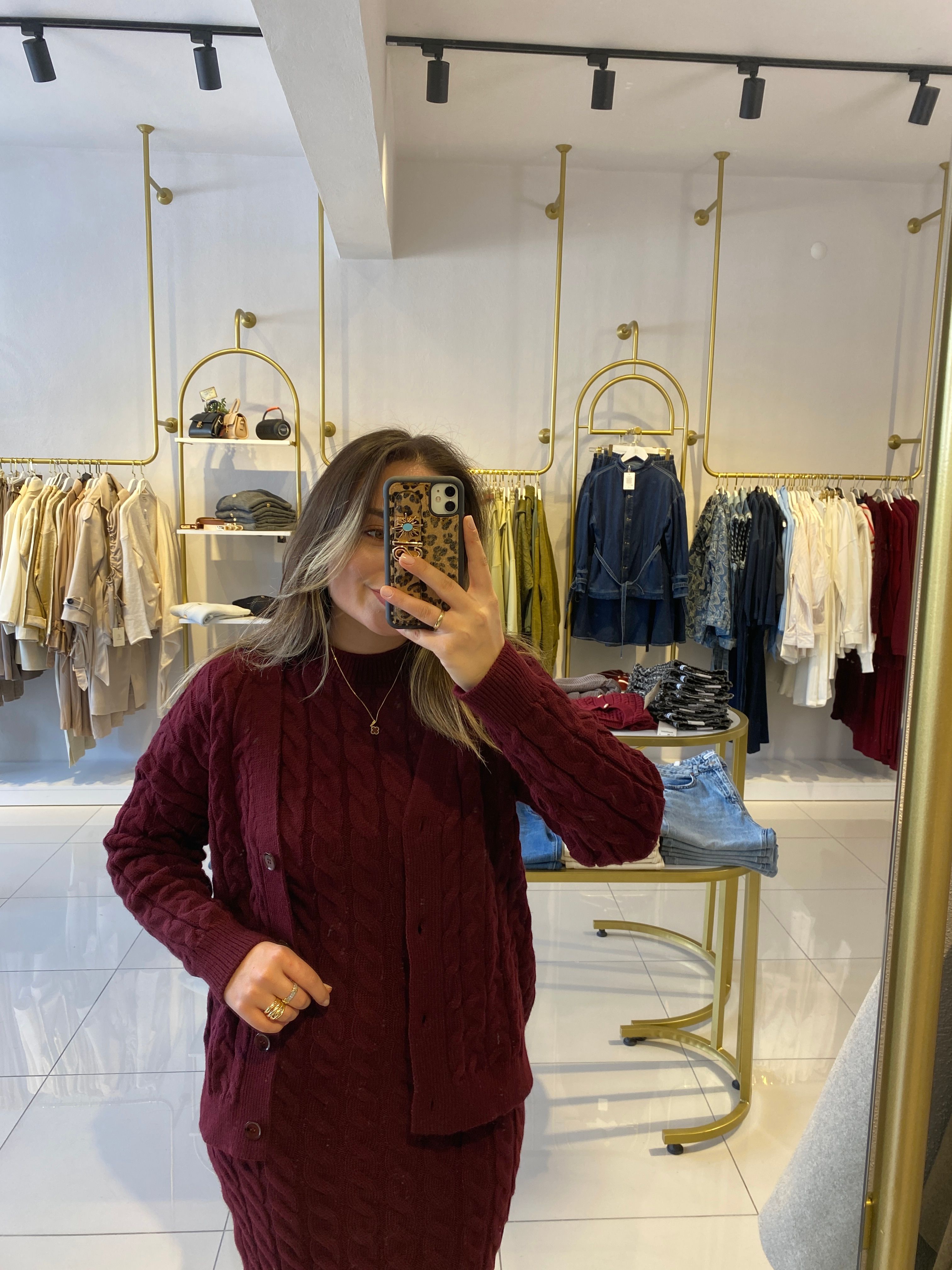 Saç Örgü Triko Bordo Elbise Hırka Takım