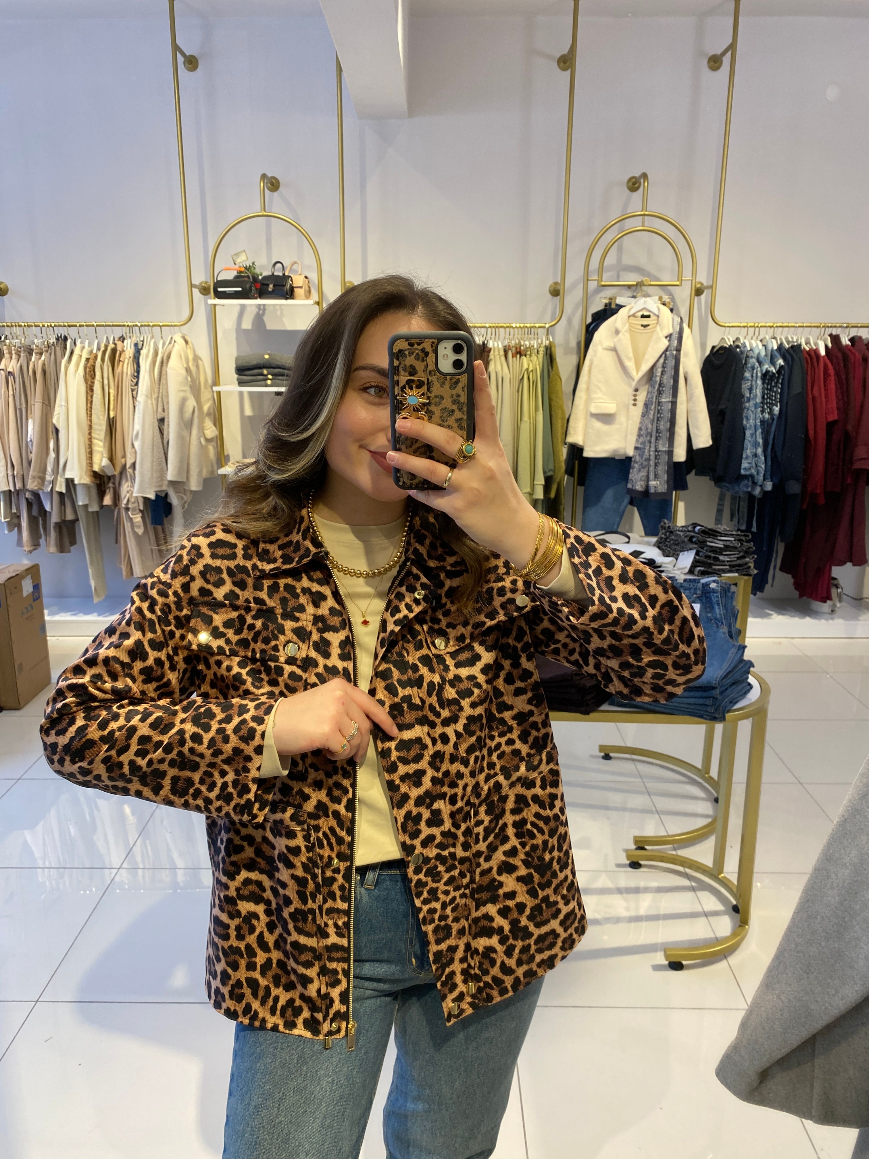 Leoparlı fermuar çıtçıtlı Ceket 