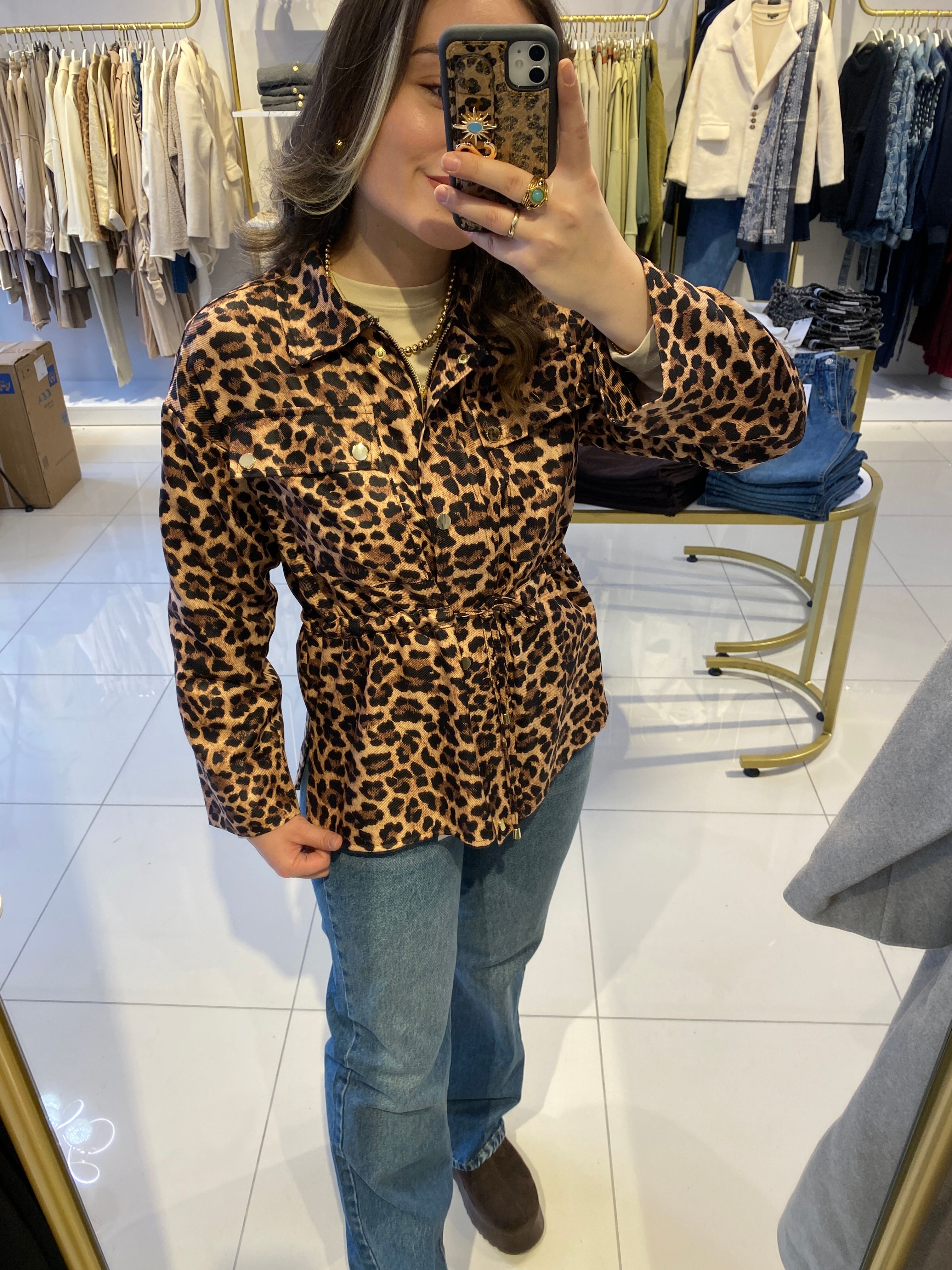 Leoparlı fermuar çıtçıtlı Ceket 