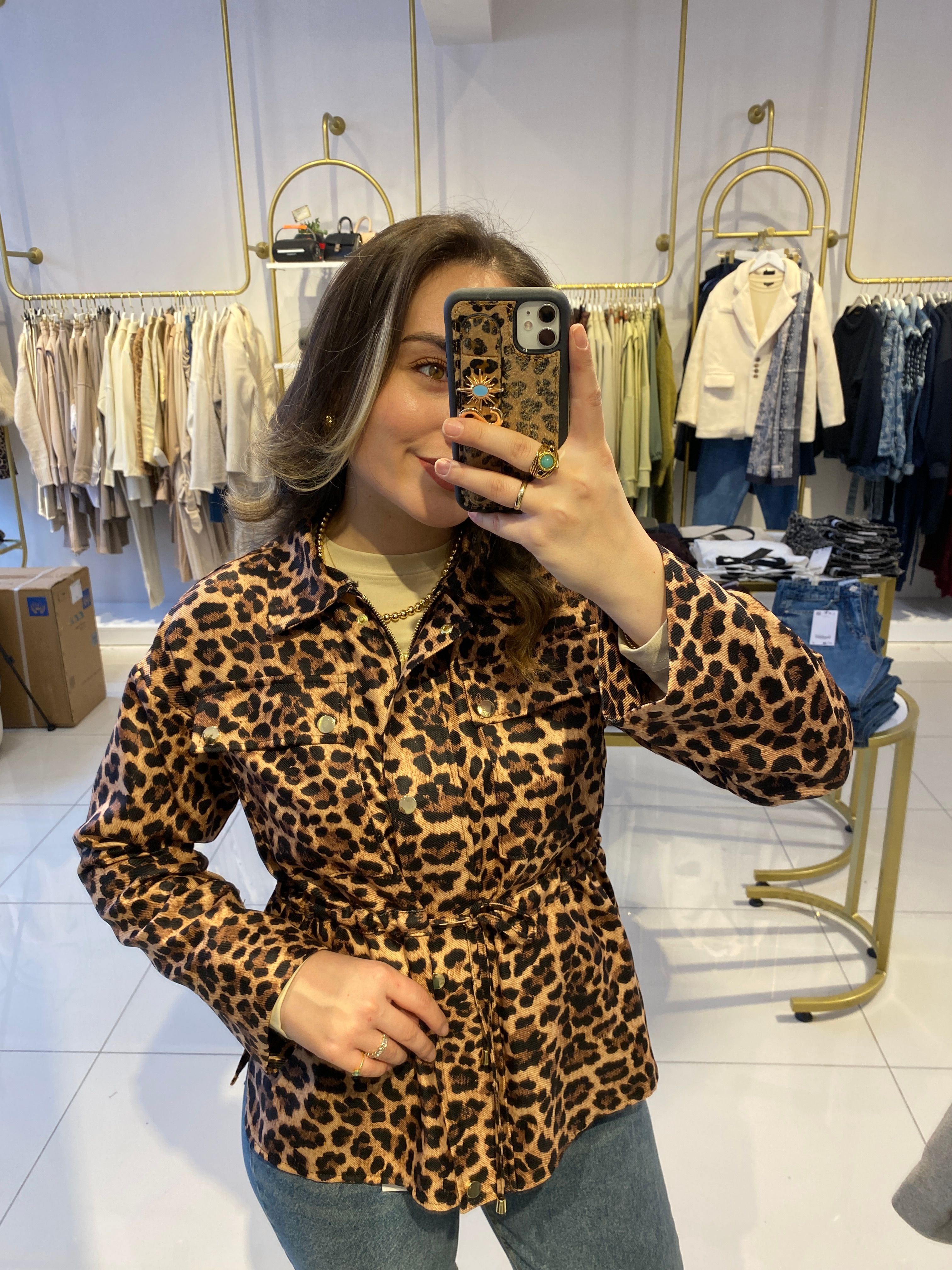 Leoparlı fermuar çıtçıtlı Ceket 
