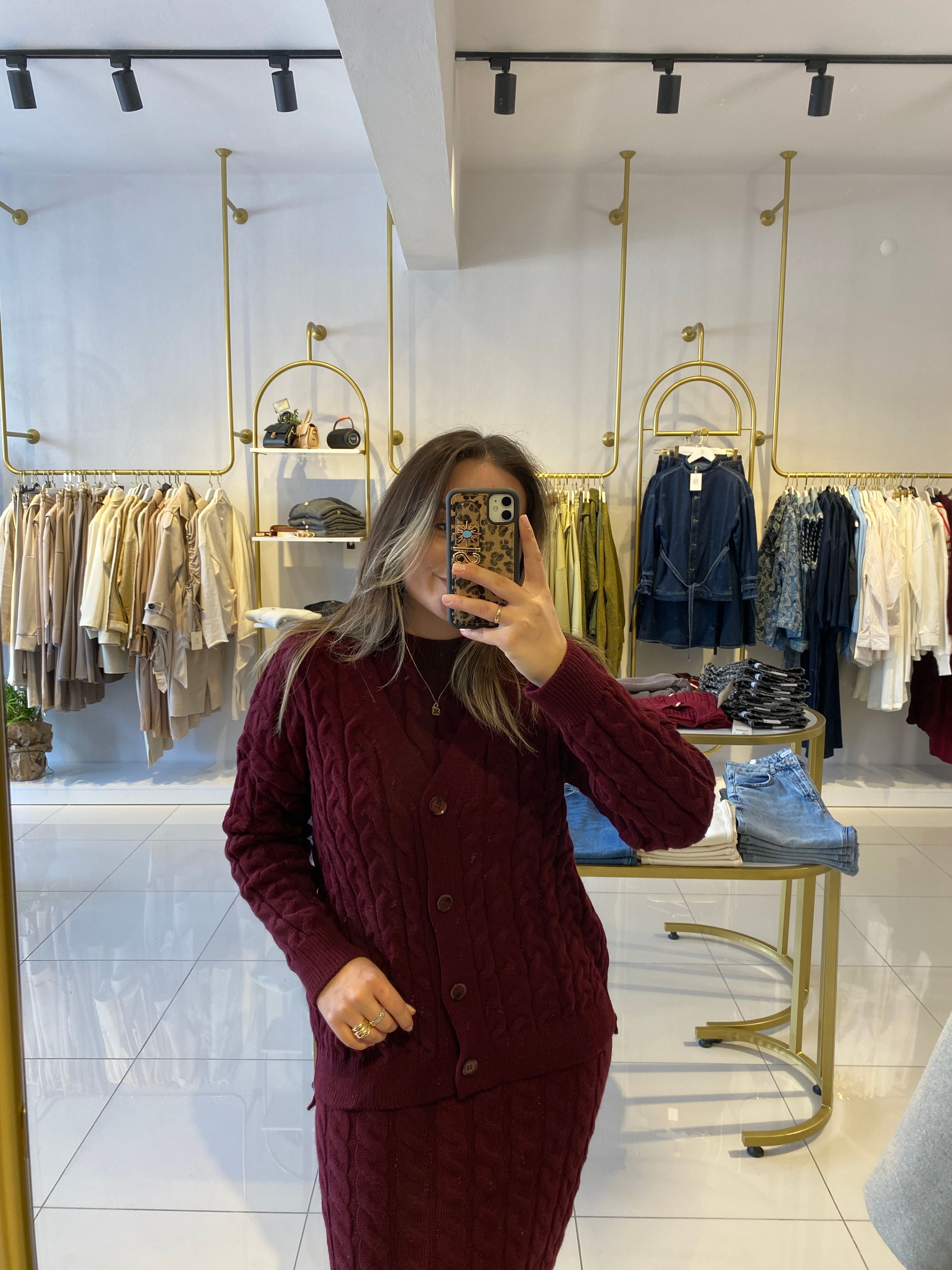 Saç Örgü Triko Bordo Elbise Hırka Takım
