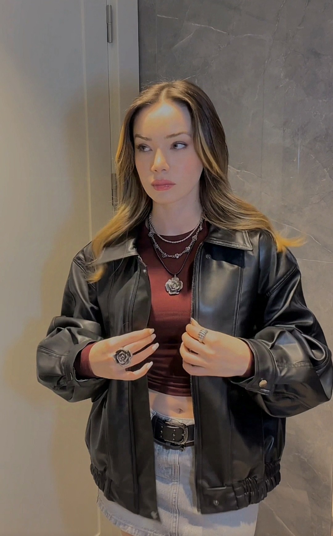 Oversize Bomber Deri Ceket