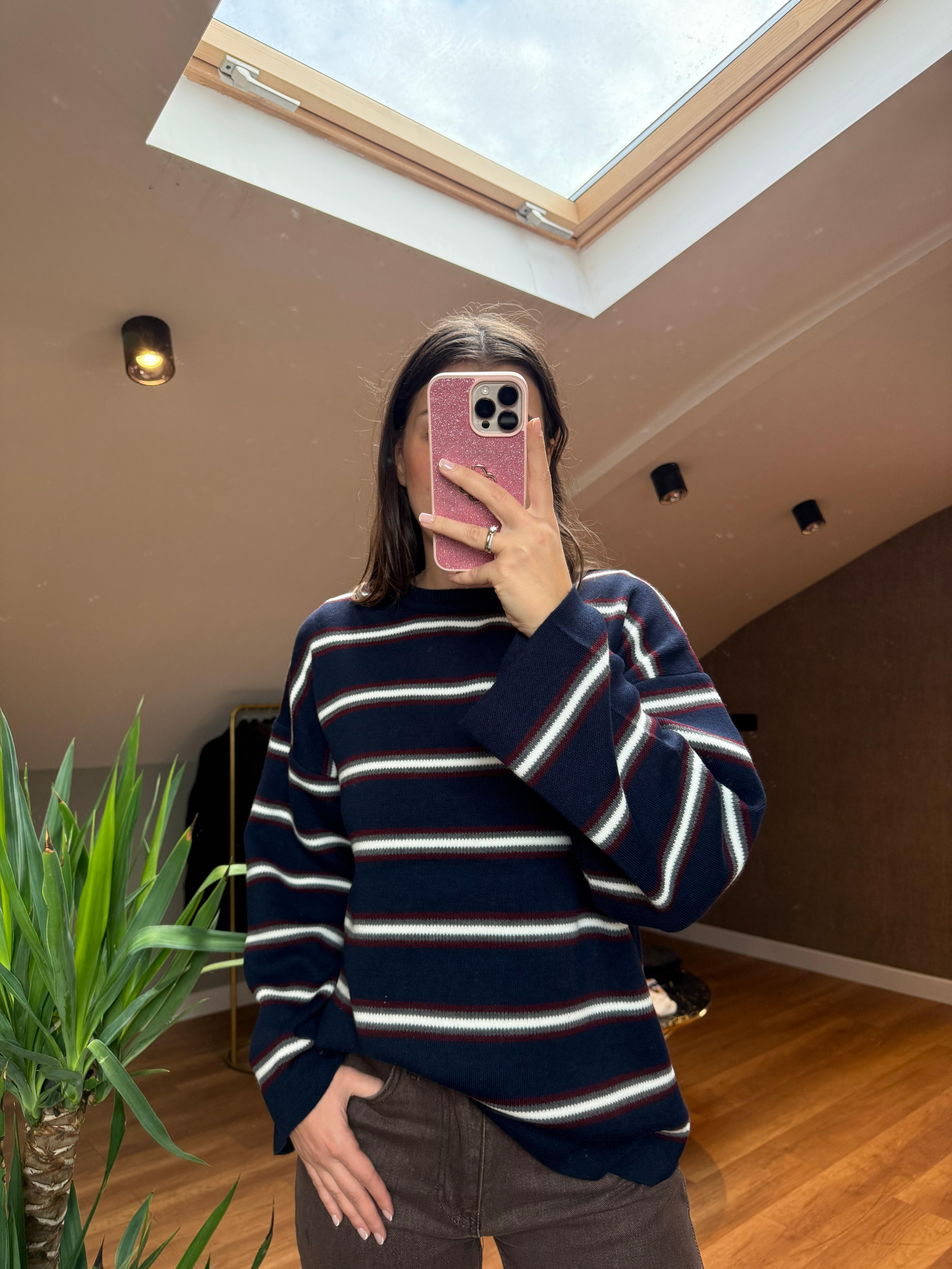 Bisiklet Yaka Çizgili Kazak - Lacivert