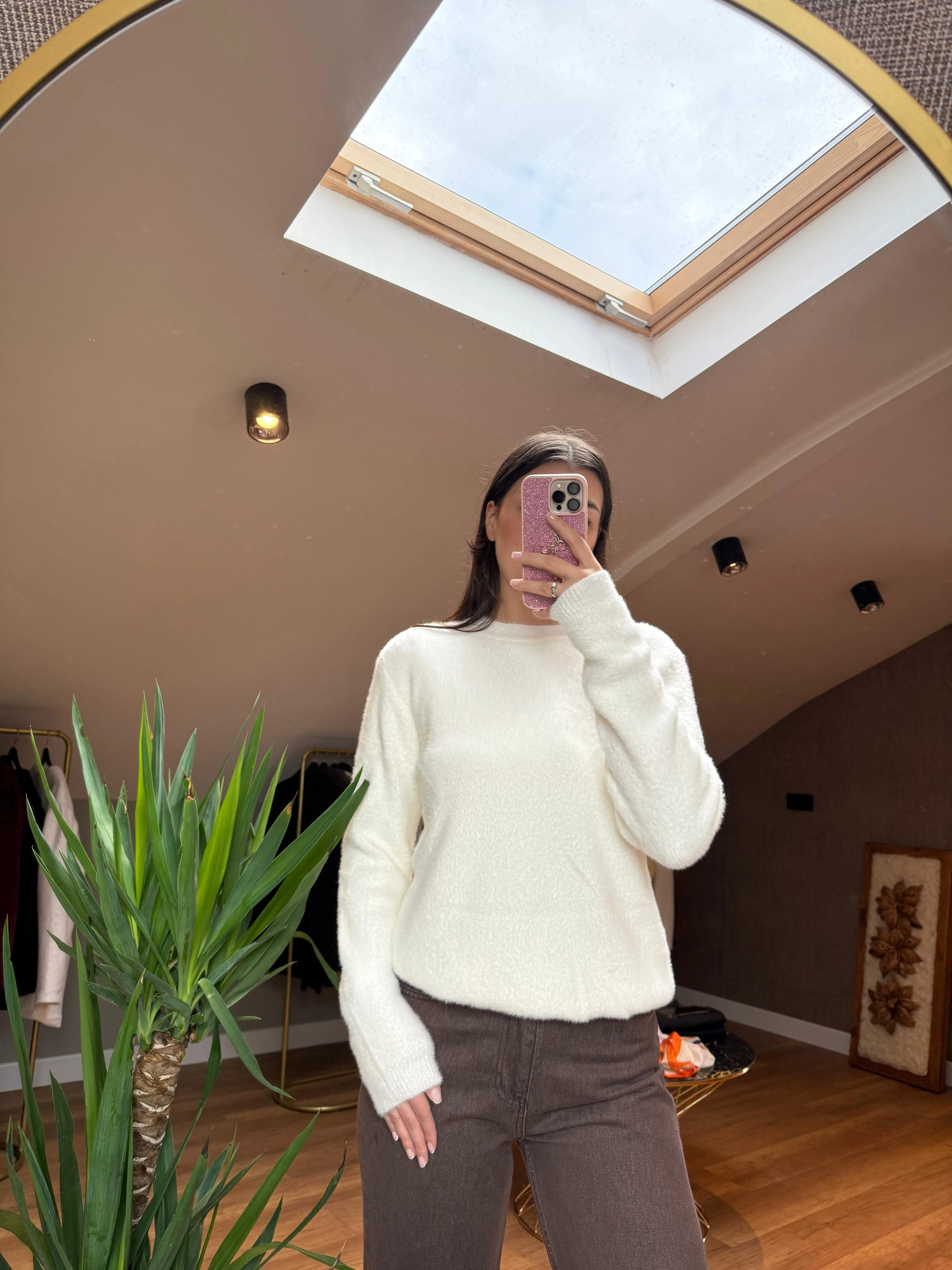 Kısa Sakal Bisiklet Yaka Kazak - Beyaz