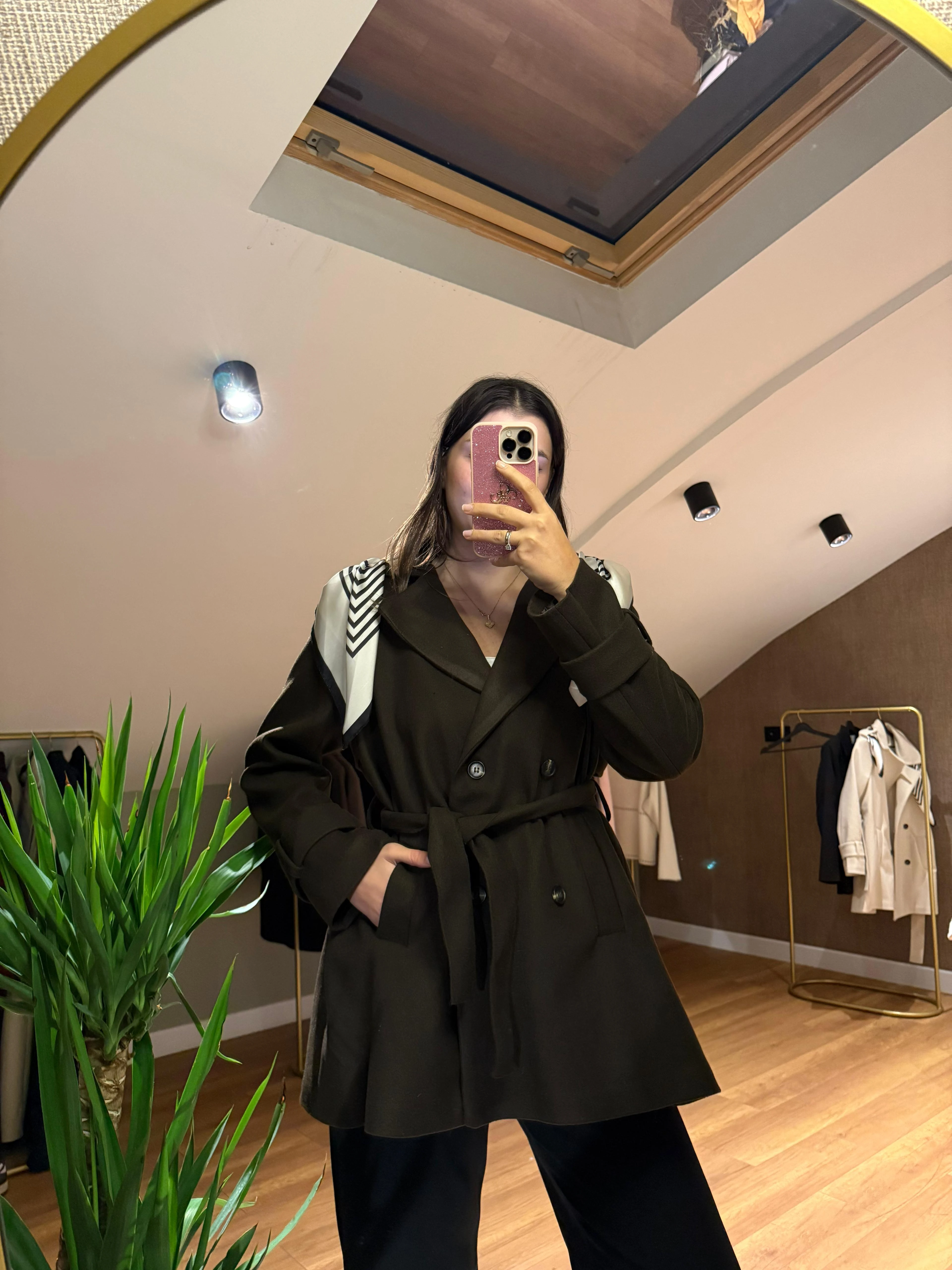 Fular Detaylı Kaşe Ceket - Kahverengi