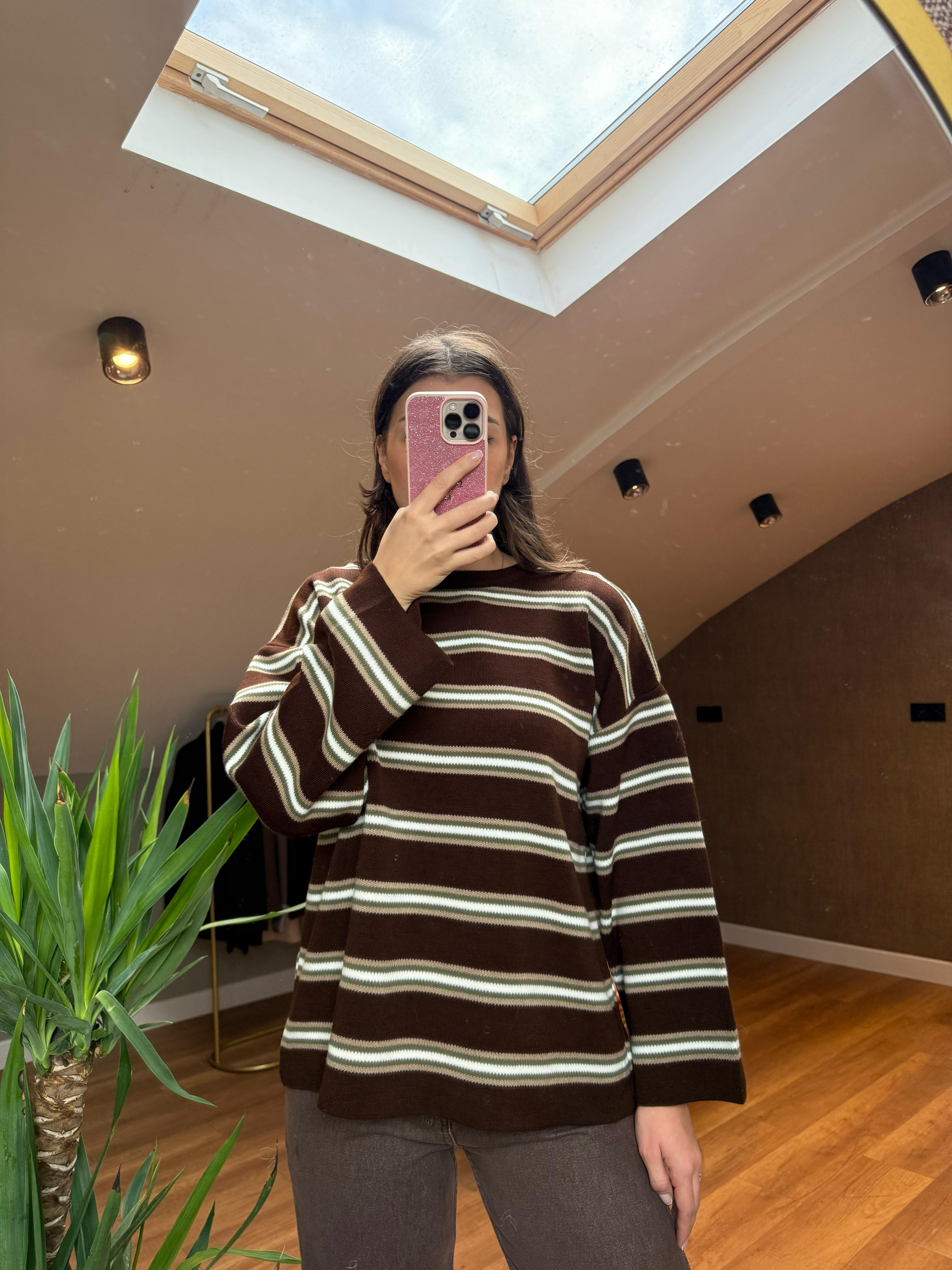 Bisiklet Yaka Çizgili Kazak - Kahverengi