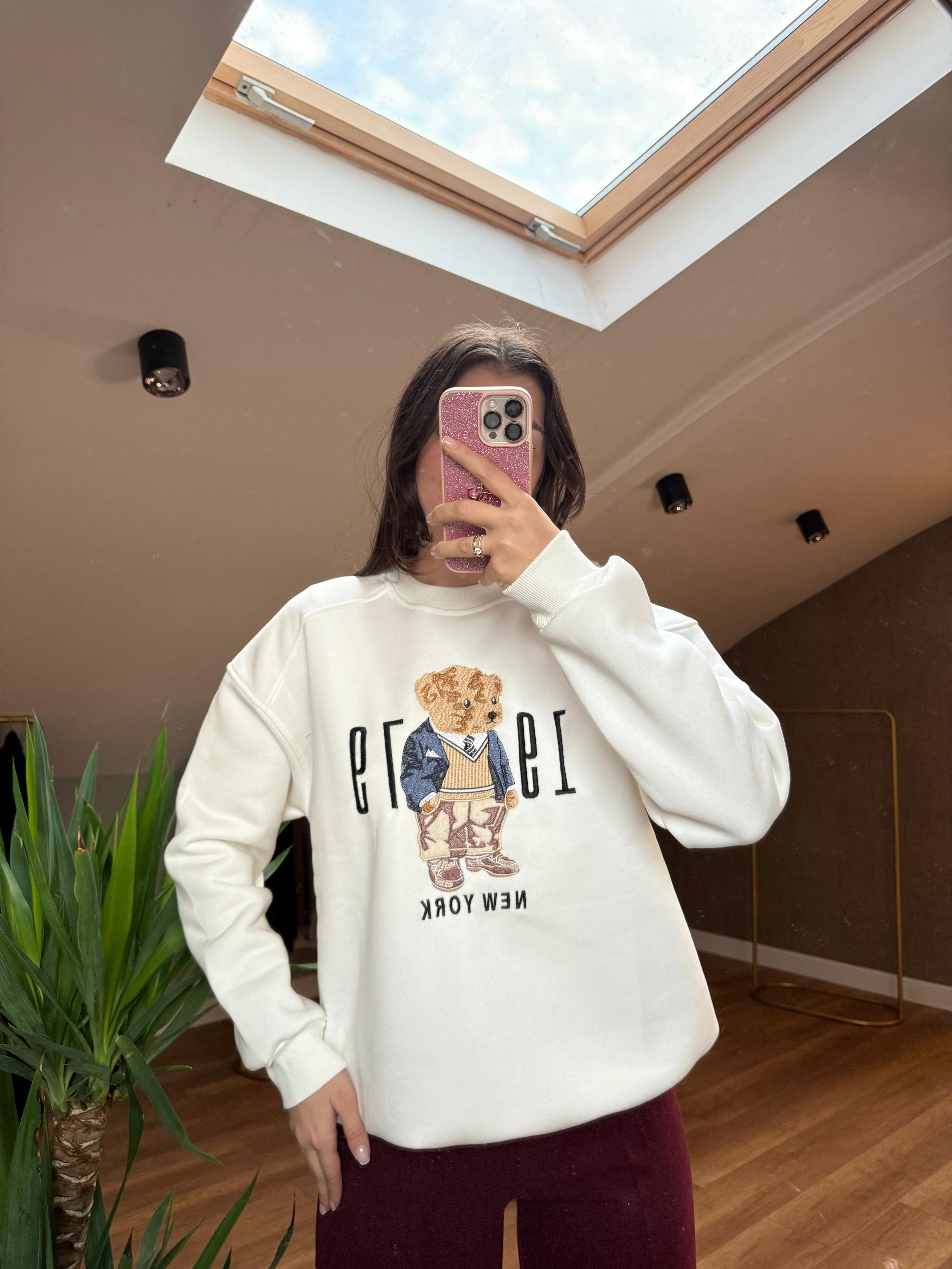 Ayıcıklı Oversize Sweatshirt - Beyaz