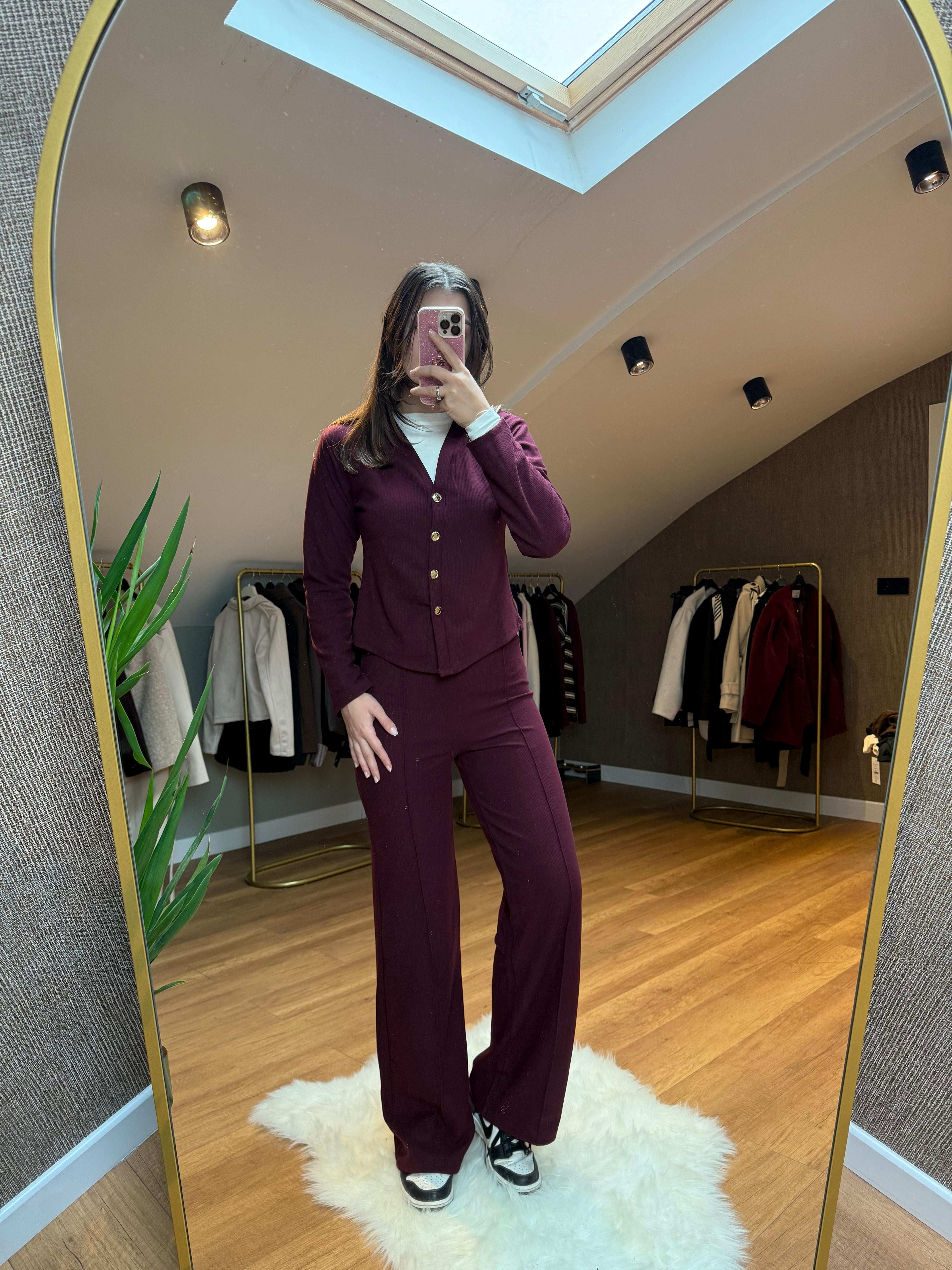 Düğmeli Alt-Üst Hırka Takım - Mürdüm