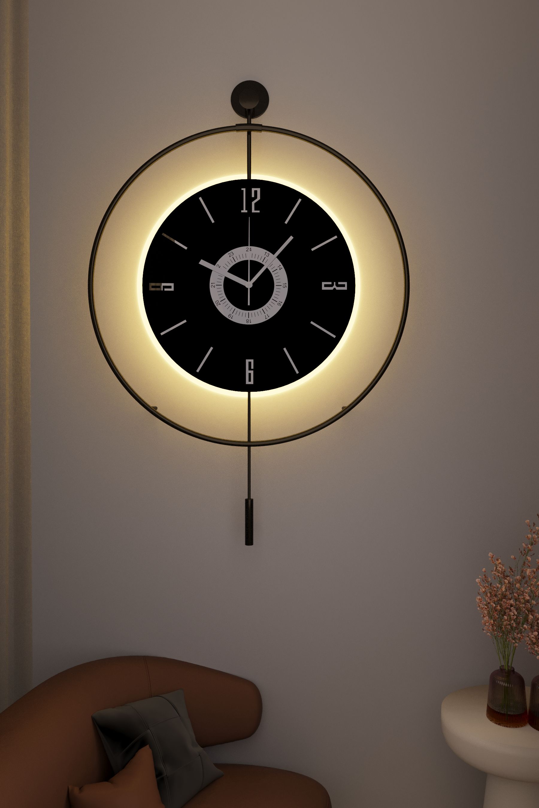 Timelles Siyah -pilli Led - Siyah Gerçek Cam Göbek , Modern Dekoratif Sarkaçlı Metal Duvar Saati