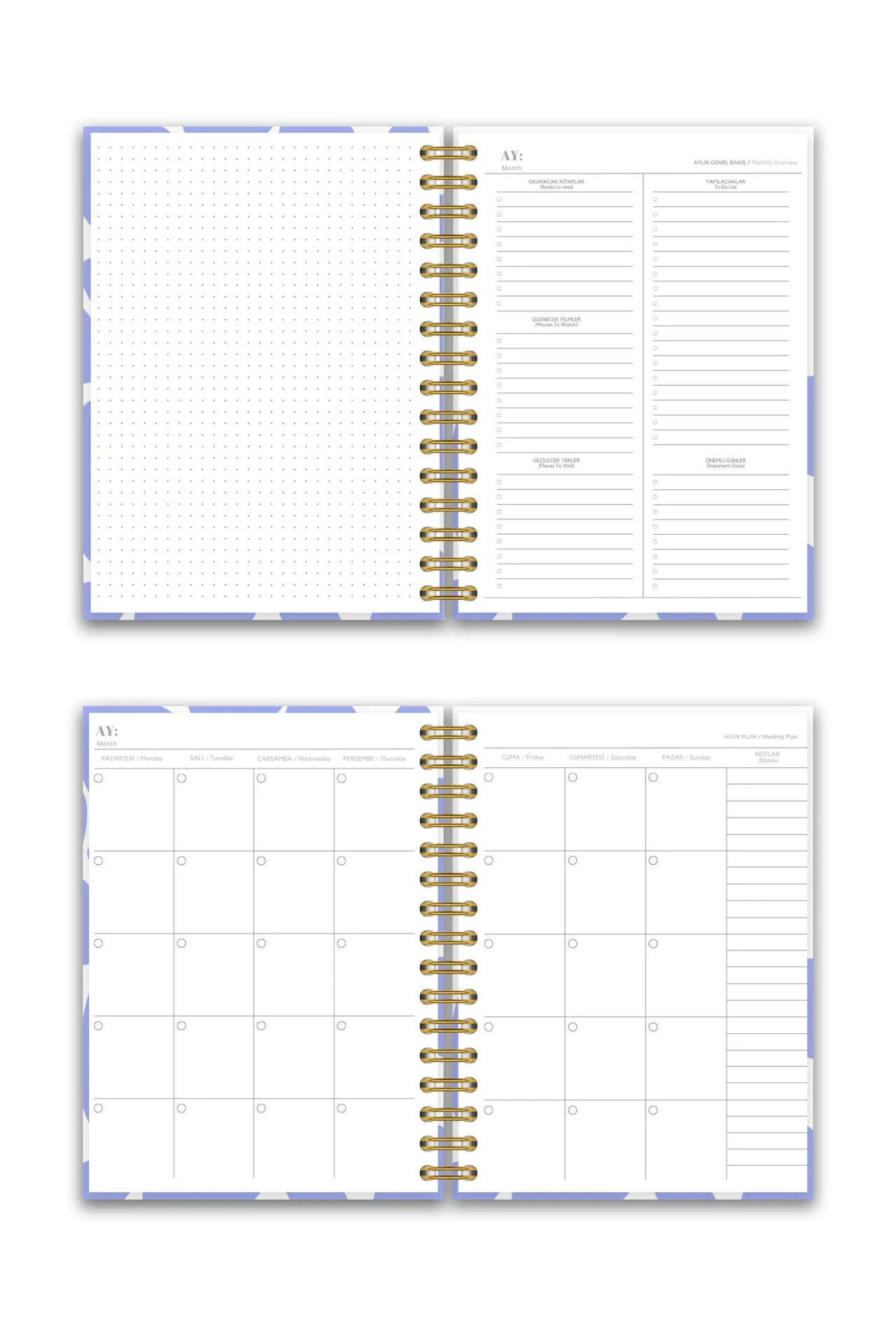 Sert Kapak A5 Spiralli Ajanda (SÜRESİZ PLANLAYICI AJANDA) Mor Kalpler