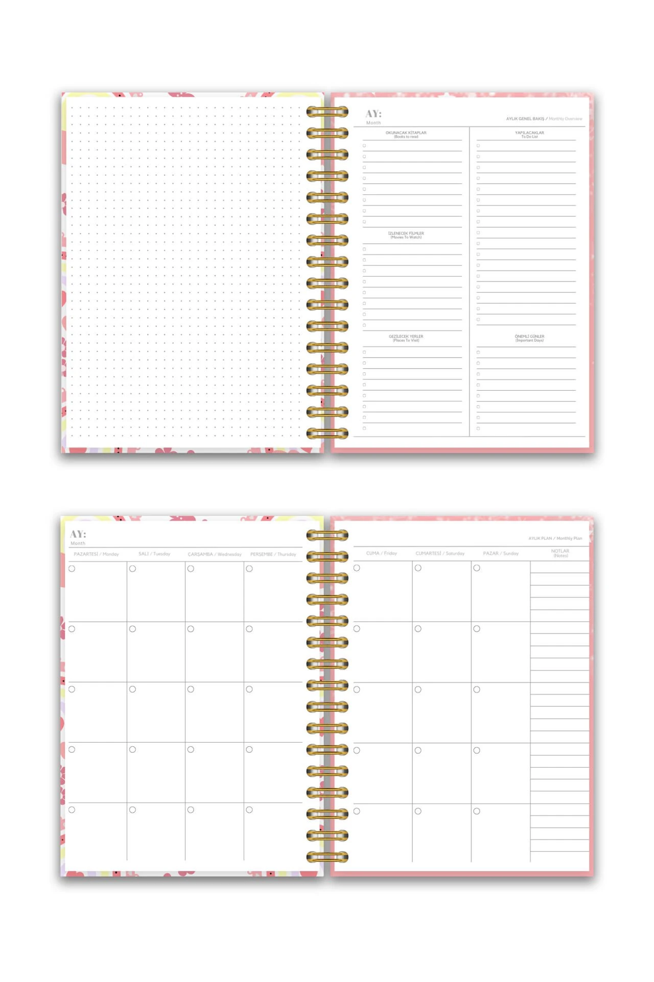Sert Kapak A5 Spiralli Ajanda (SÜRESİZ PLANLAYICI AJANDA) Pembe Kuşak