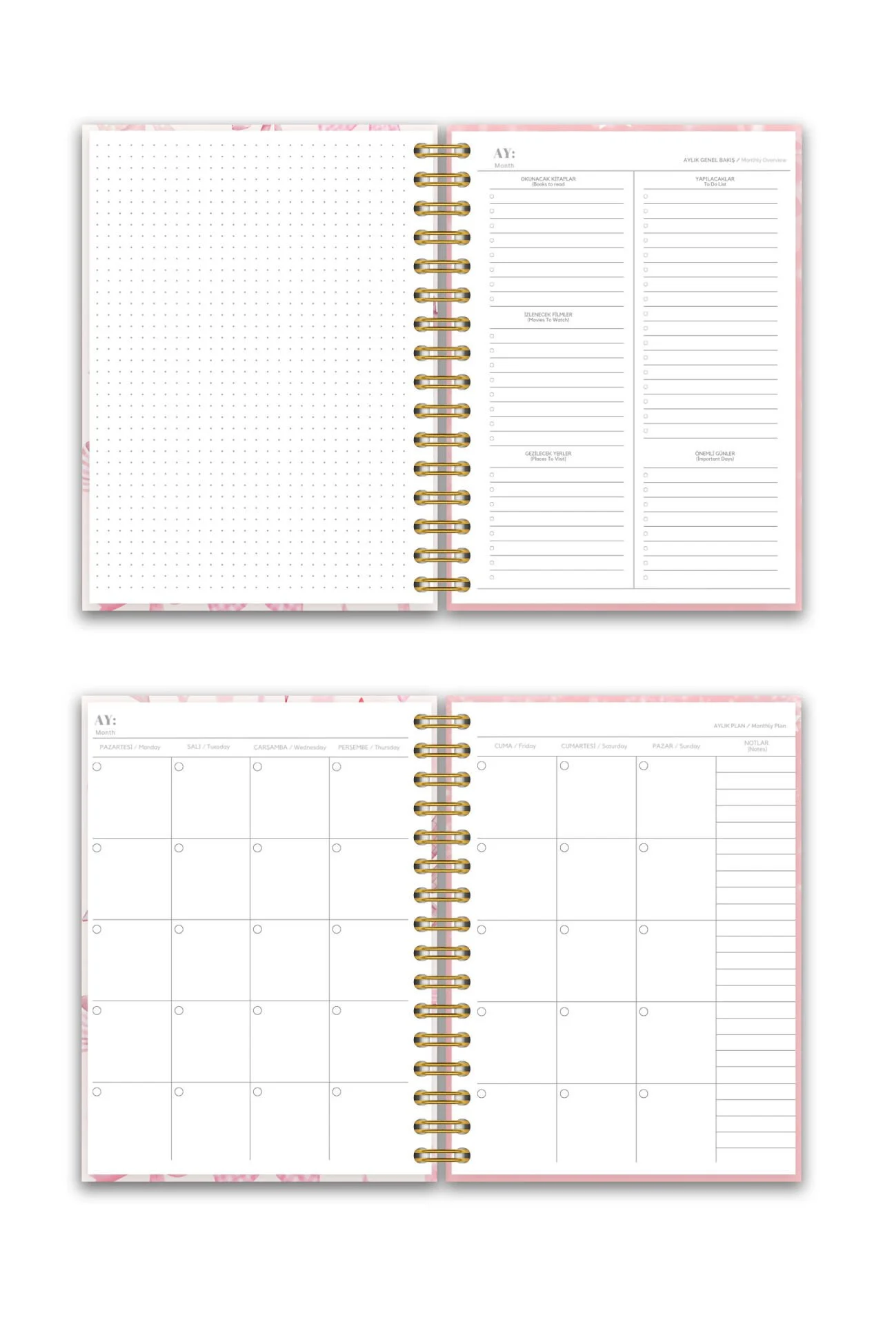 Sert Kapak A5 Spiralli Ajanda (Süresiz Planlayıcı Ajanda) Pembe Fiyonk