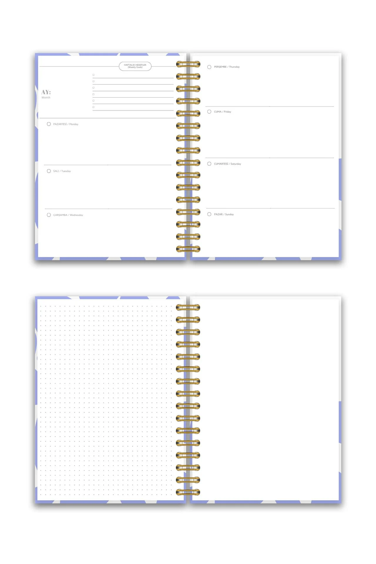 Sert Kapak A5 Spiralli Ajanda (SÜRESİZ PLANLAYICI AJANDA) Mor Kalpler