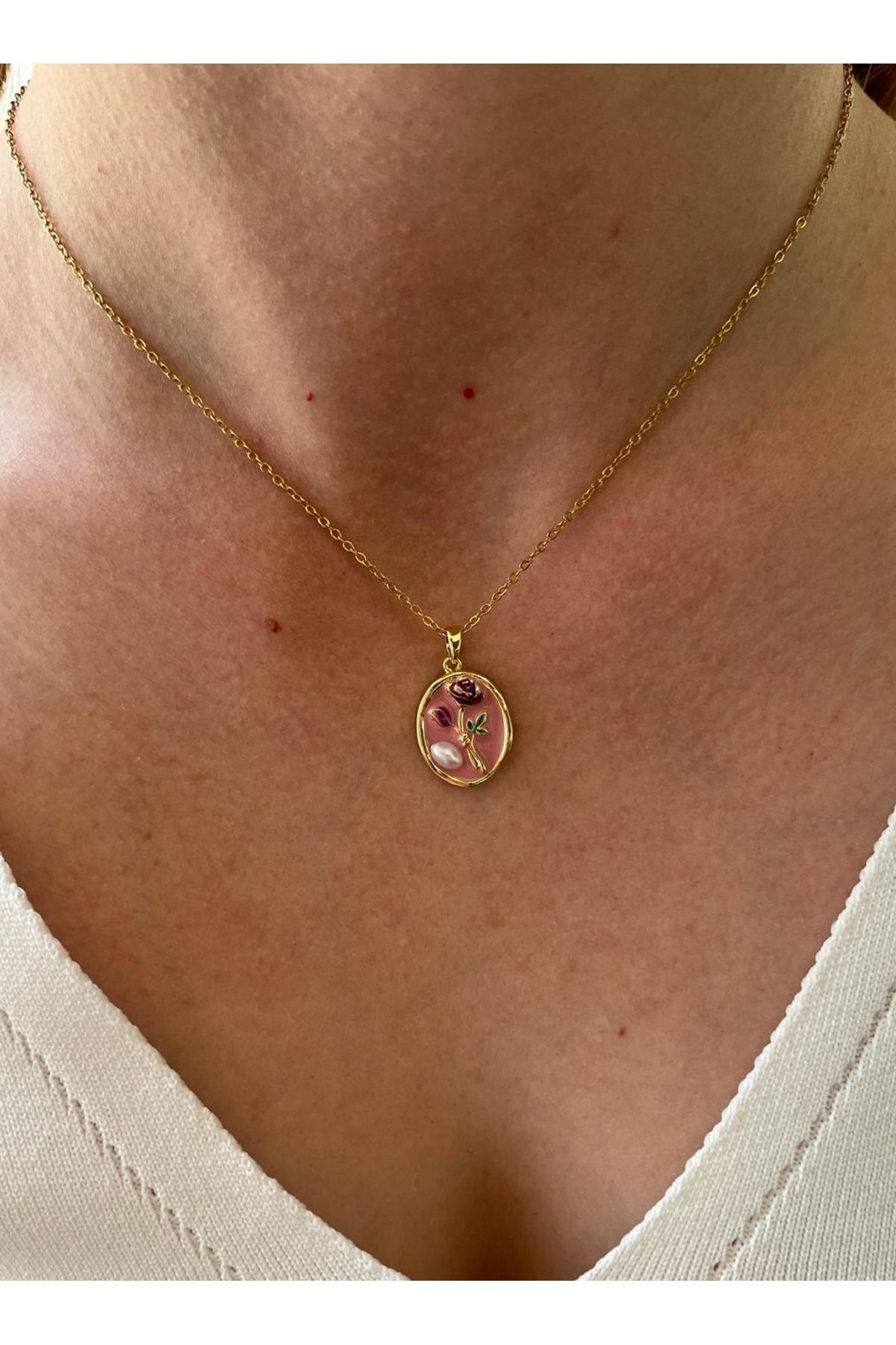 Çelik İnci Detaylı Pembe Lale Sanat Kadın Kolye