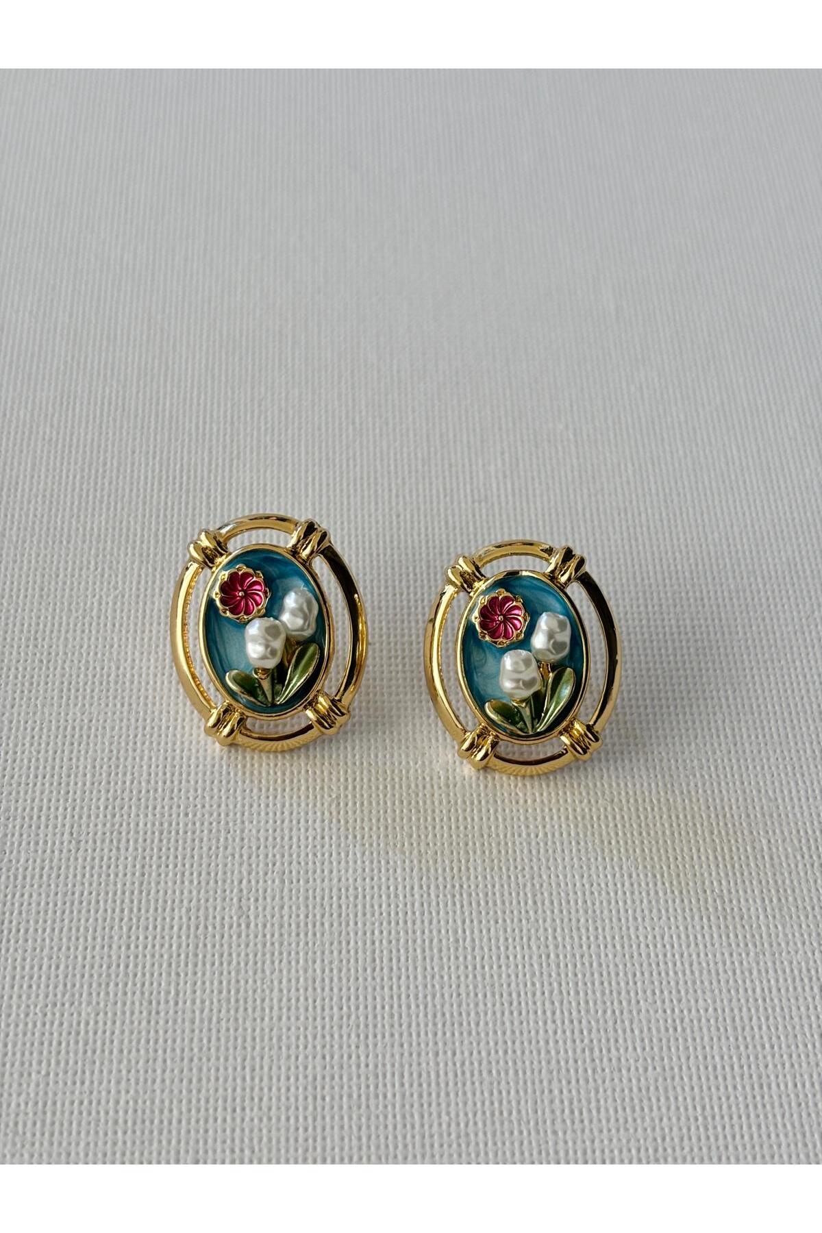 Vintage İnci Detaylı Oval Çiçek Kadın Küpe - mavi