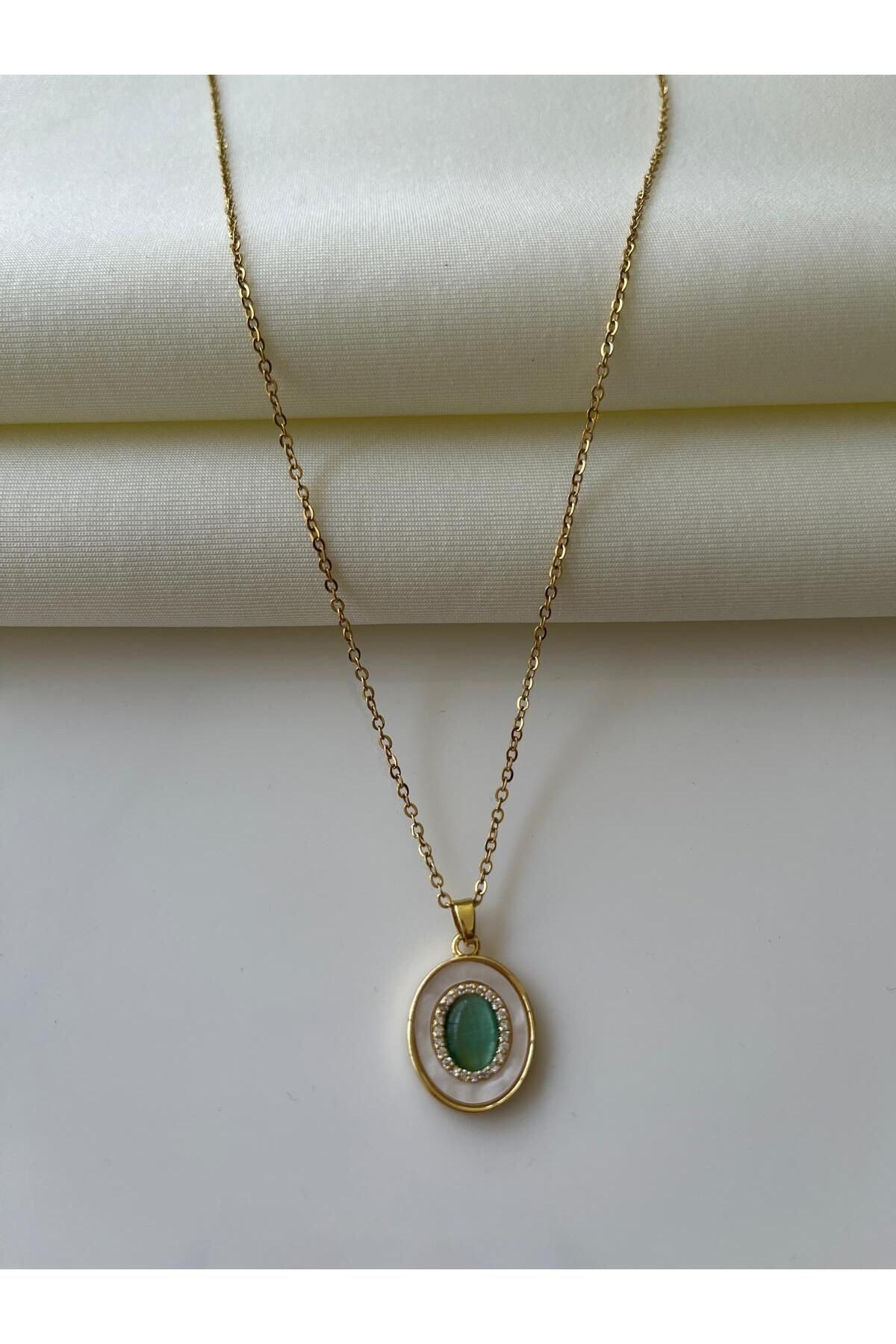 Çelik Vintage Yeşil Boncuk Detaylı Kadın Kolye